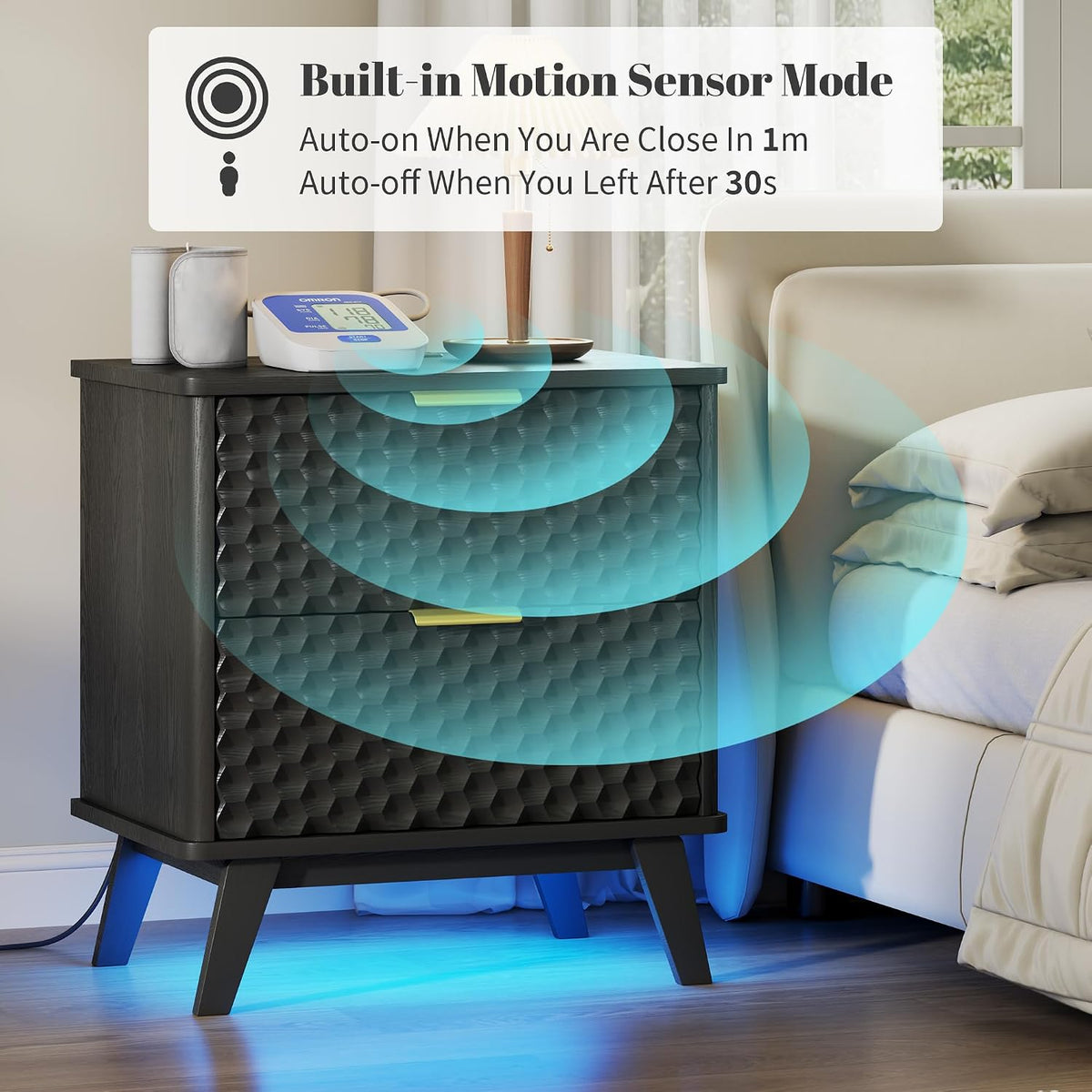 LVSOMT Smart Nightstand with Charging Station and LED Lights
