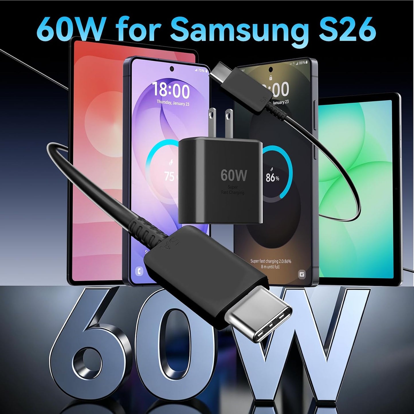60W USB C Super Fast Charger Type C Charger Fast Charging Android Phone Charger Block with 10ft USB C Fast Charging Cable Cord for Samsung Galaxy S26/S26 Ultra/S26+/S25 Ultra/S24 Ultra, iPhone, iPad
