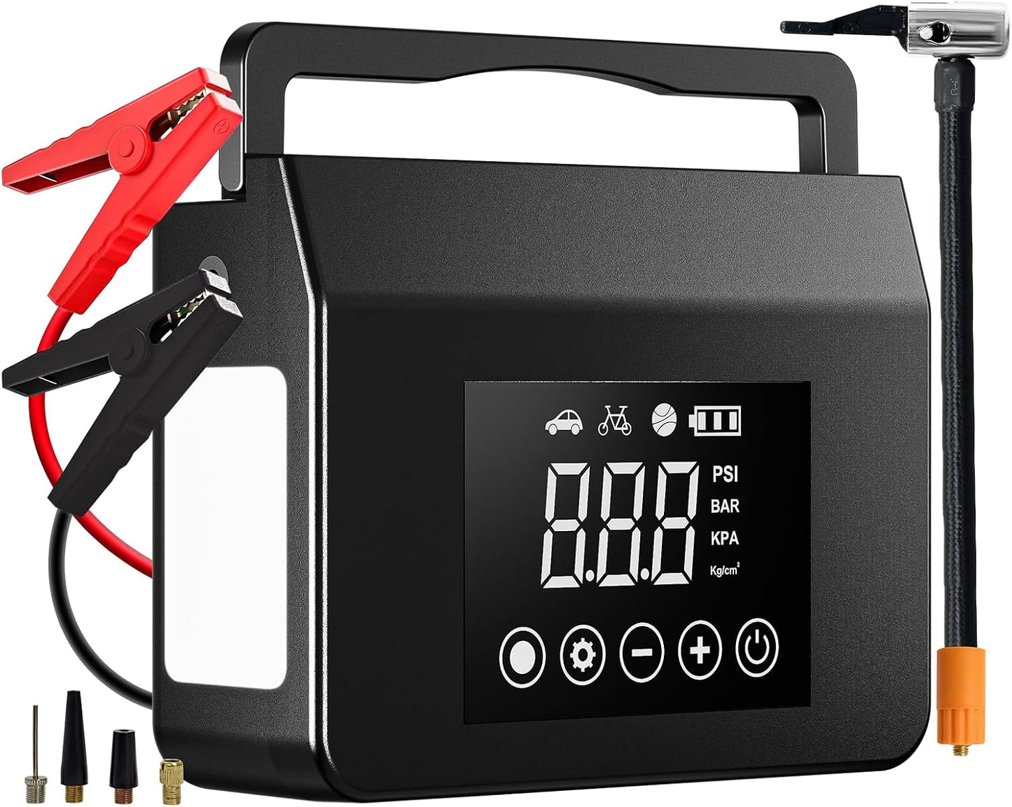 Hieha Portable Car Battery Jump Starter 4000A, 150PSI Air Compressor | 4000A Peak, 150PSI Air Compressor, 15000mAh Power Bank, 12V, Auto Shutoff, LED Flashlight, USB-C, Jumper Cables