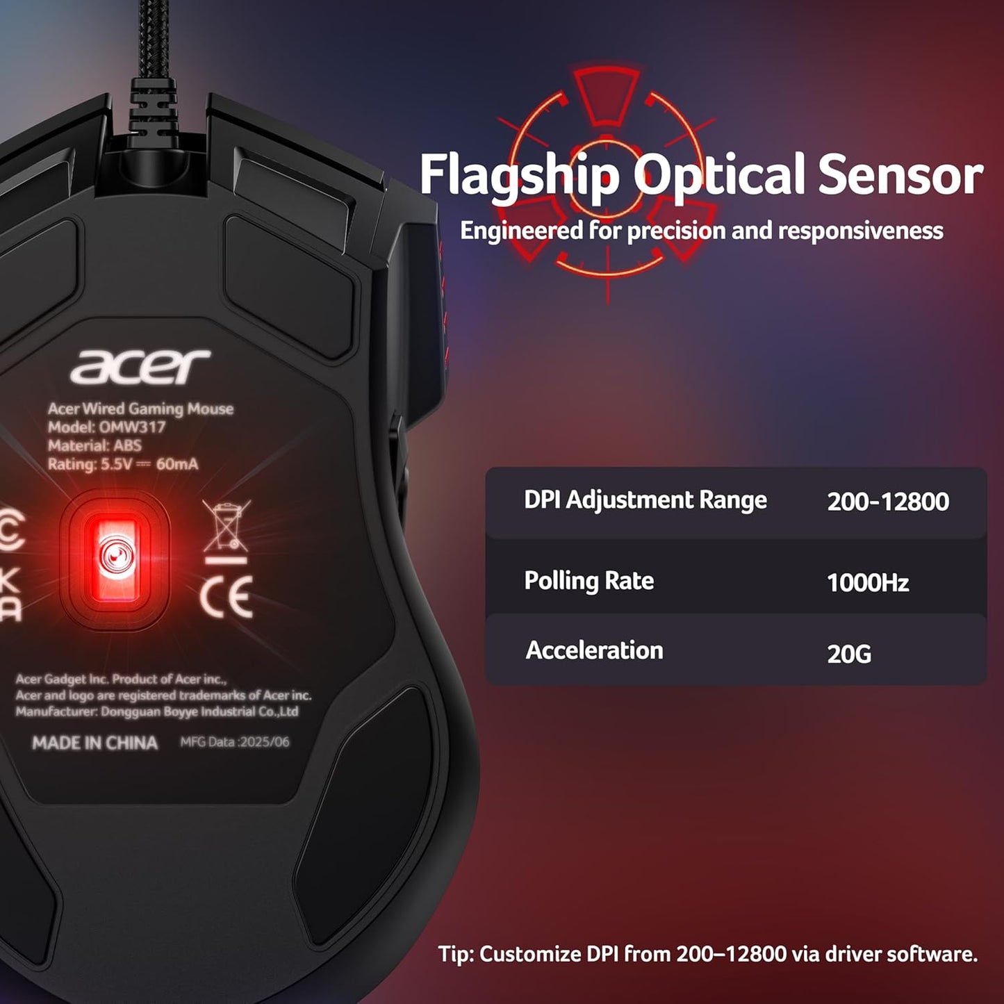 Acer Wired Gaming Mouse, 12,800 DPI RGB Ergonomic Computer Mouse for PC | Optical Sensor, 12 Backlit Modes, 8 Programmable Buttons, Software for DIY Keybinds, Rapid Fire, USB Mouse for Laptop