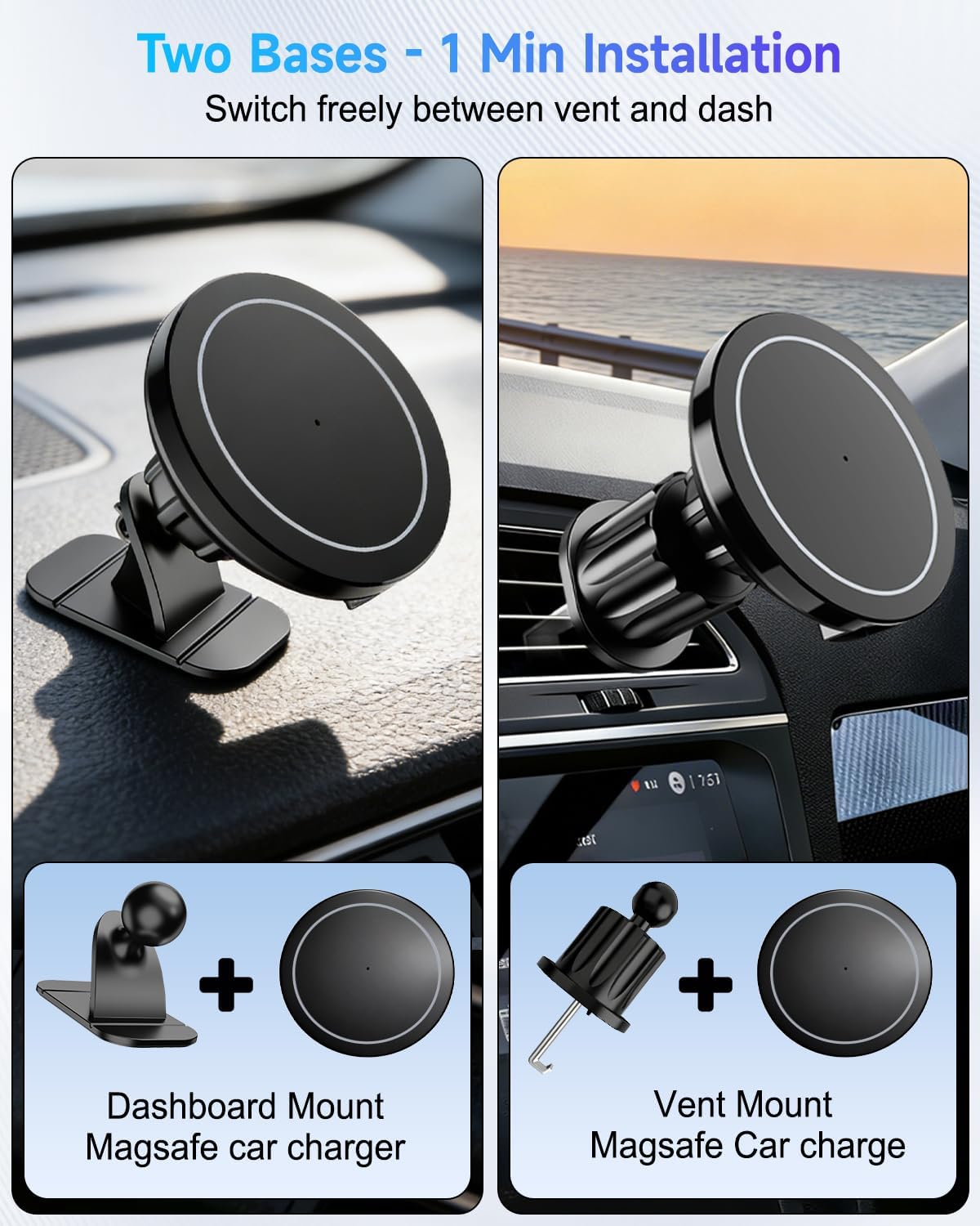 for MagSafe Car Mount Charger 15W Fast Magnetic Wireless Car Charger Holder | [3000gf Ultra Magnet] Magnetic Phone Holder Charging for Your Car, 360° Vent/Dashboard Car Bracket Stand for iPhone & Android