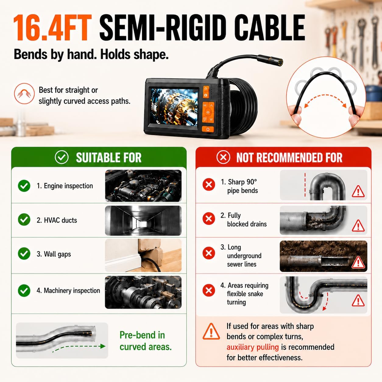 Dual Lens Borescope Inspection Camera, 4.3" HD Screen 1080P Photo Video | Endoscope Camera with 32GB Card, 8+1 Lights, 16.4FT Semi-Rigid Cable, IP67 Waterproof Snake Camera for Automotive, Pipe, HVAC