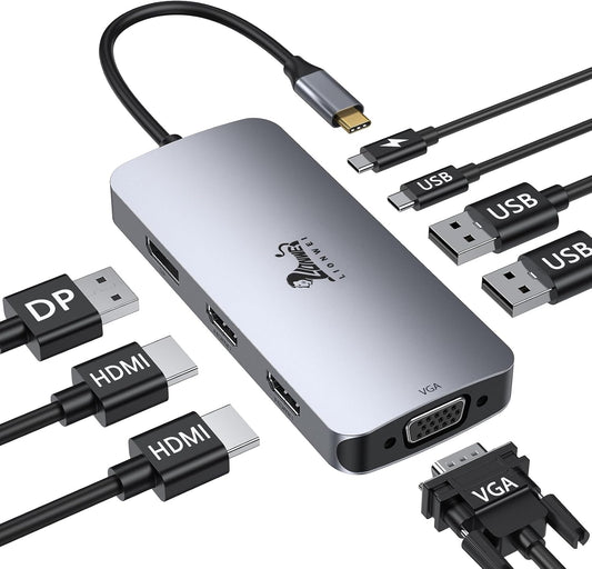 LIONWEI USB C Docking Station Dual Monitor, Laptop Docking Station 3 Monitors Quadruple Display with Dual 4K HDMI, DP, VGA, 100W PD, 3 USB C/A 2.0, Laptop Dock for Dell, Lenovo, HP, Surface