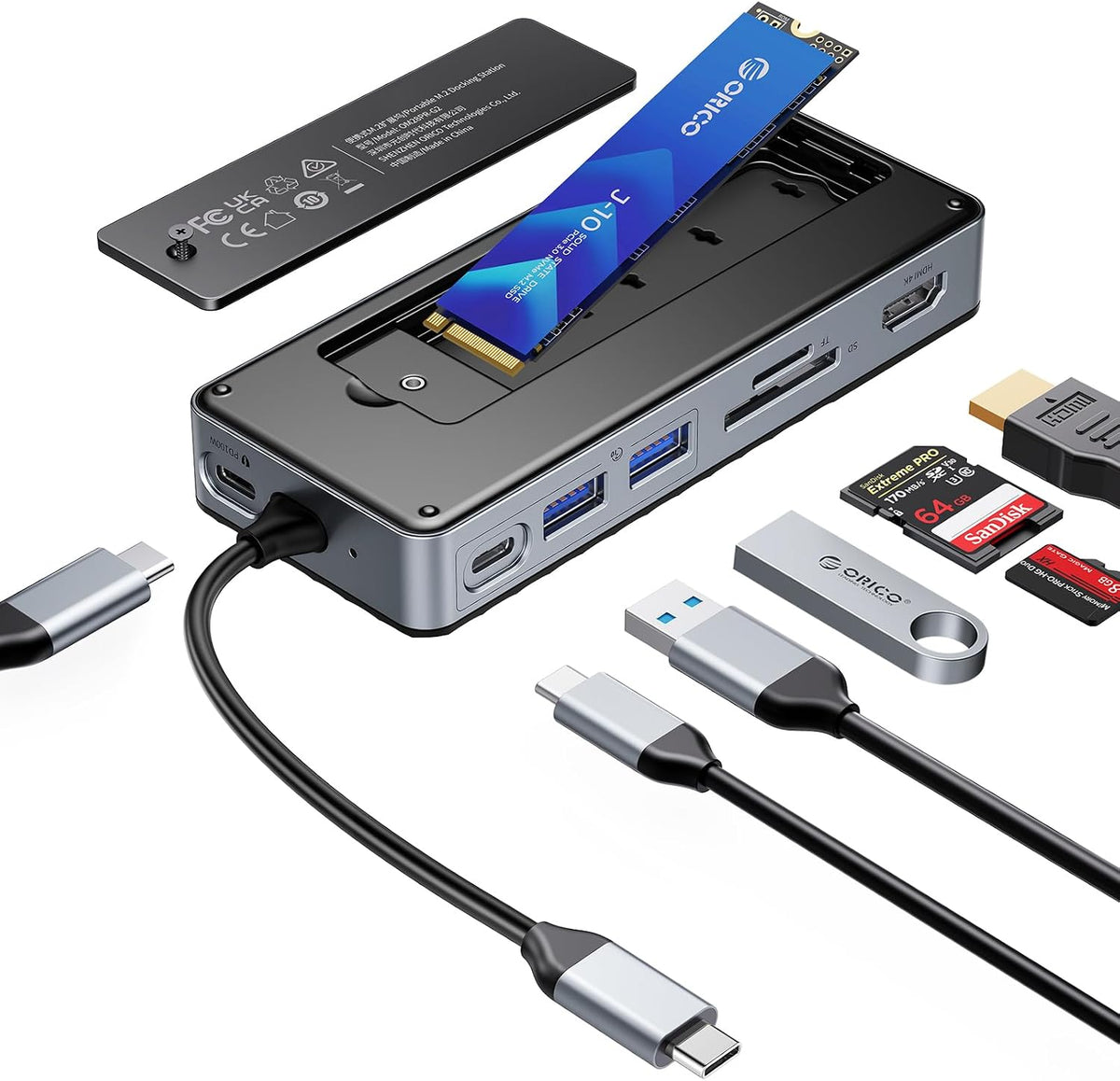 ORICO USB-C Hub with M.2 SSD Enclosure, 8-in-1 USB C Docking Station Fits M.2 NVMe/SATA SSD, 10Gbps, 4K@60Hz HDMI, 100W PD, SD/TF Card Reader