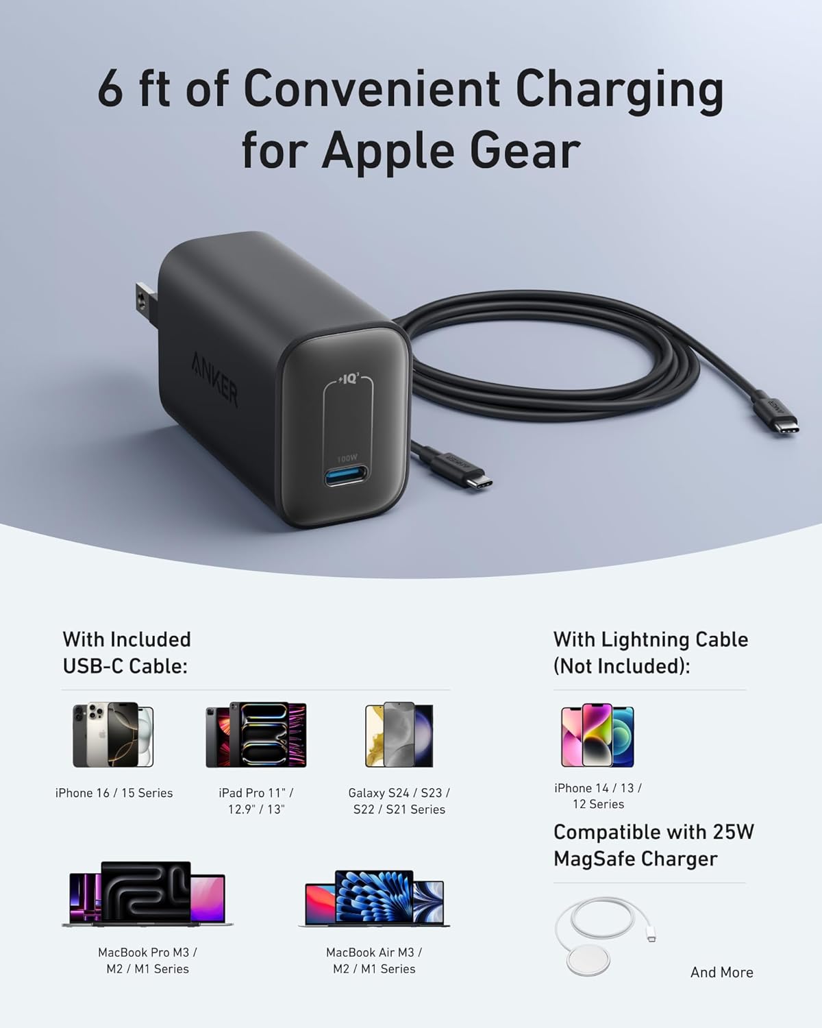 Anker Laptop Charger, 100W Foldable Type C Charger Fast Charging | For MacBook, iPhone 17 Series, and All USB C Devices, with 6FT USB-C Cable Included, Compatible with MagSafe