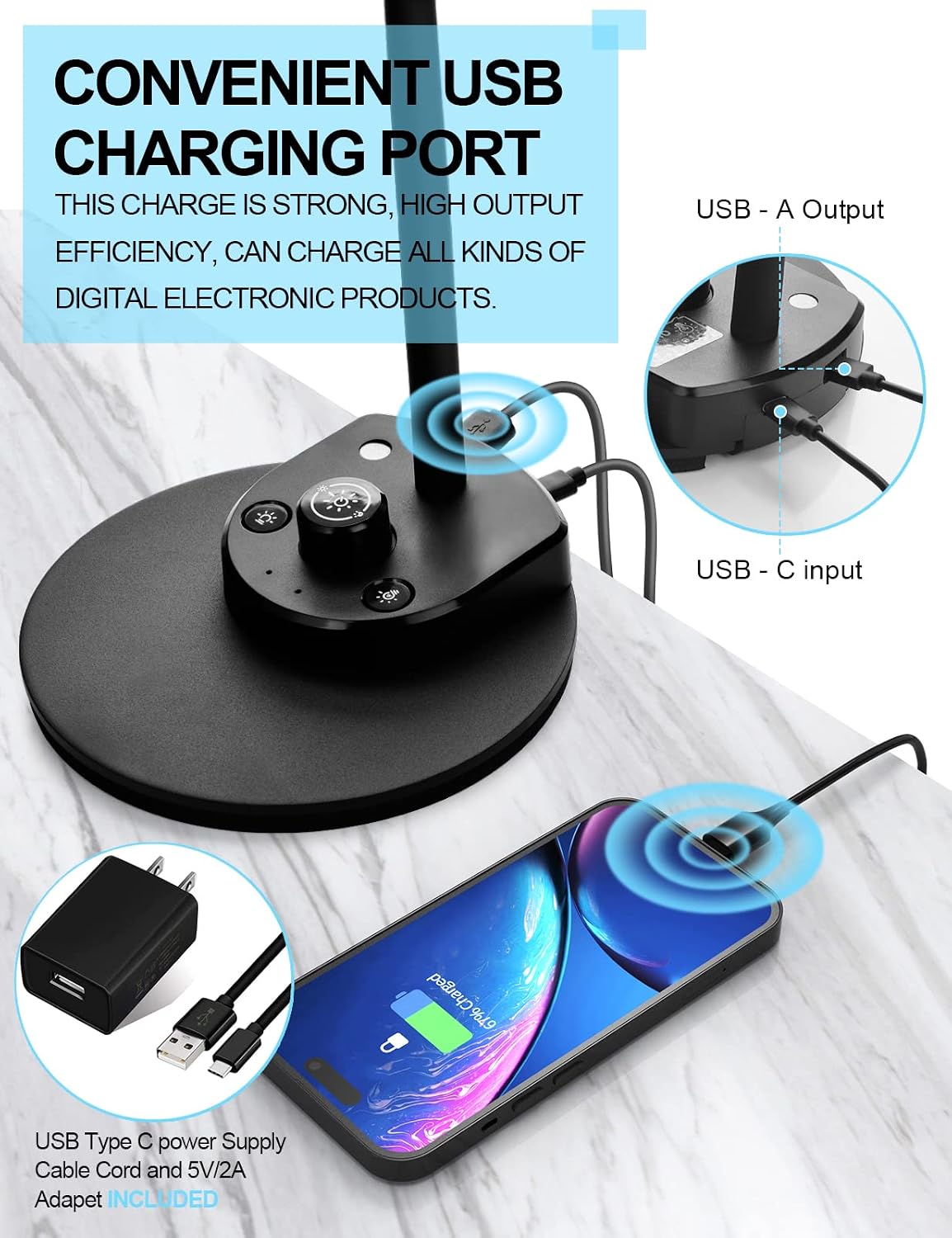 BOHON LED Desk Lamp with USB Charging Port 3 Color Modes Dimmable, Black | Reading Light Intelligent Induction Auto Dimming Task Lamp Neck Flexible Table Lamp for Bedside Office, AC Adapter Include