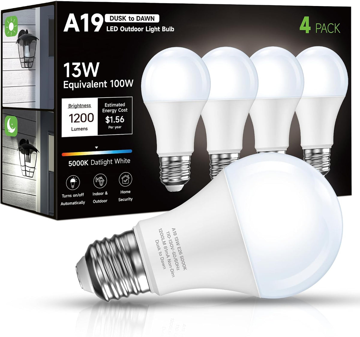 Dusk to Dawn Light Bulb Outdoor 100W Equivalent, Daylight 5000K, 1200LM