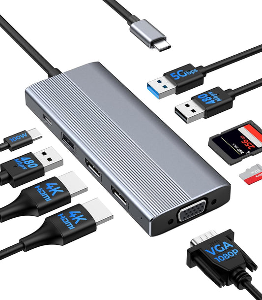 GIISSMO USB C Docking Station 3 Monitors HDMI Adapter for Dell HP Lenovo, 9 in 1 Laptop Docking Station 3 Monitors USB C Hub with 2 HDMI 4K Ports + VGA + 100W PD Charging + 3 USB + SD/TF Card Reader