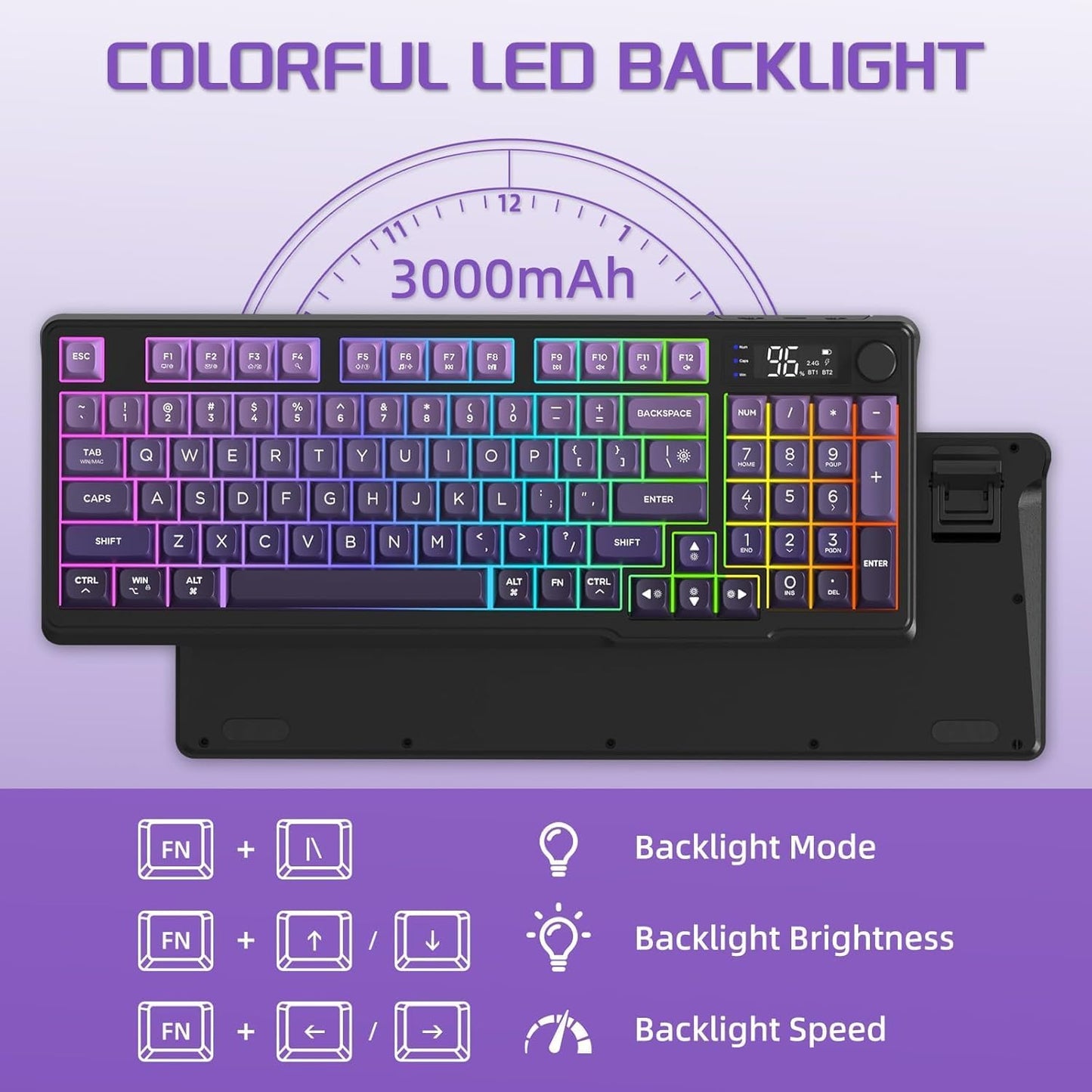Free wolf M96 Wireless Gaming Keyboard Creamy Membrane 94Key ANSI-Purple | Rainbow Backlight,Media Knob,LCD Screen,Dual Mode-Bluetooth/2.4Ghz,Ball Shape PBT Keycap,3000mAh battery for Win Mac PC Gamer