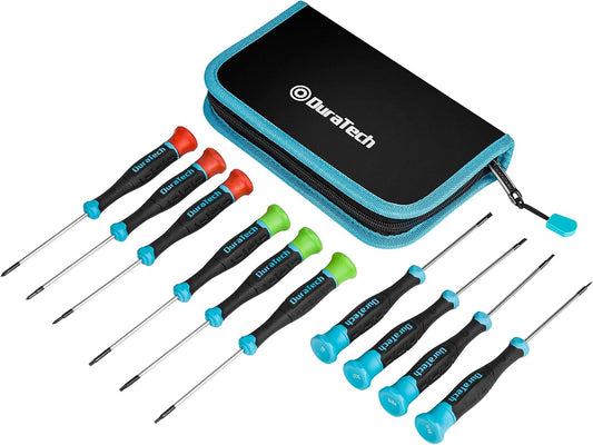 DURATECH 10 PCS Magnetic Precision Screwdriver Set, Phillips, Slotted, Torx | Cr-V Steel Construction, Non-Slip Grip, with Storage Pouch, Repair Tool Kit for Eyeglasses, Watches, Laptops, Phones