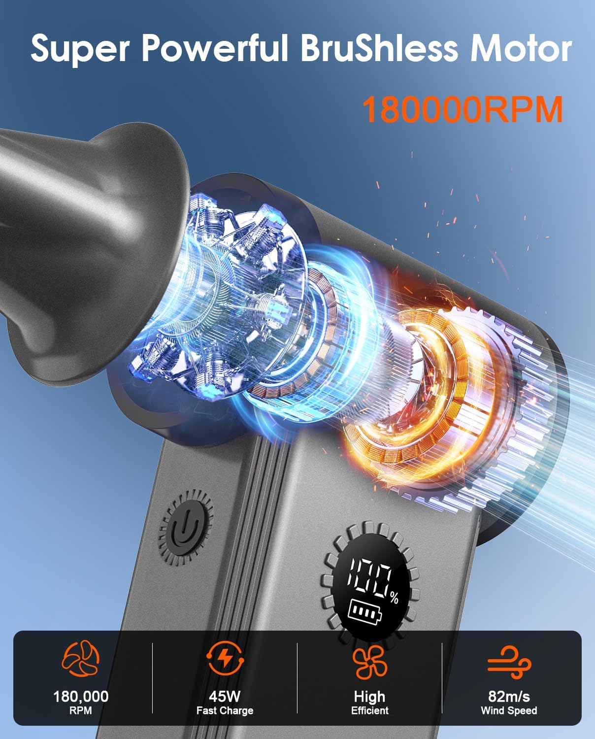 Compressed Air Duster, 180000RPM Brushless Dust Blower, 45W Charge | 4 Speeds, 8000mAh, Mini Cordless Electric Duster, SuperPower, Reusable, Durable, Clean PC/Keyboard/Car/Camera/Golf/Outdoor