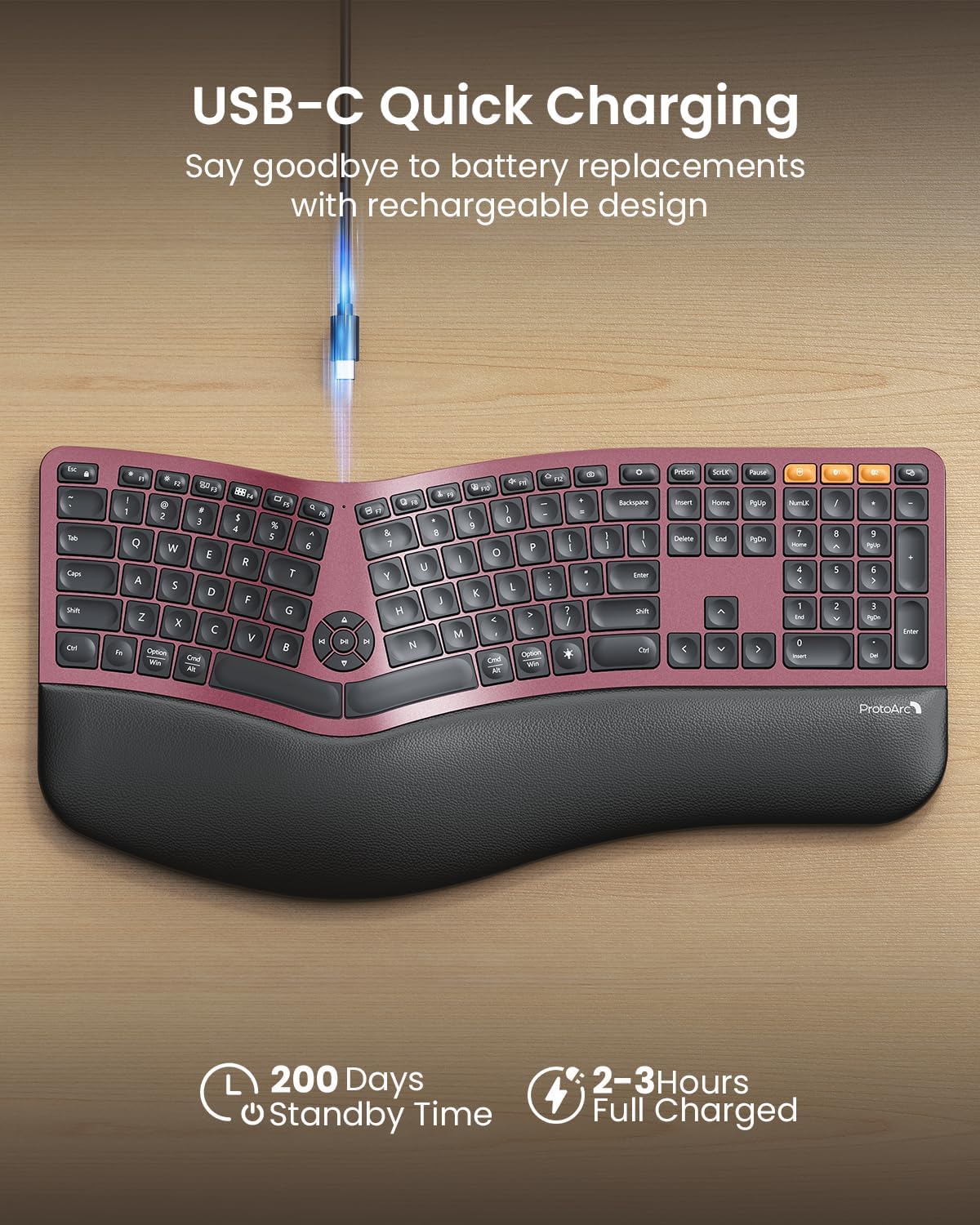 ProtoArc EK01 Plus Backlit Bluetooth Ergonomic Keyboard, Full Size, Red | Adjustable brightness, split design, cushioned wrist rest, connect 3 devices via Bluetooth/2.4G, 2000mAh USB-C rechargeable.