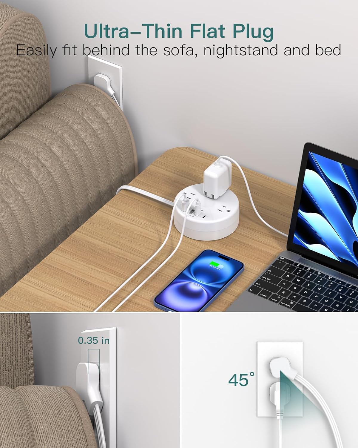 Travel Esstentials - Cruise Approved Power Strip with 5ft Retractable Cord | Ultra Thin Flat Plug, Addtam 3 Outlets 4 USB (2 USB C), Non Surge Protector for Travel/Cruise/Home/Dorm/Office, ETL Listed