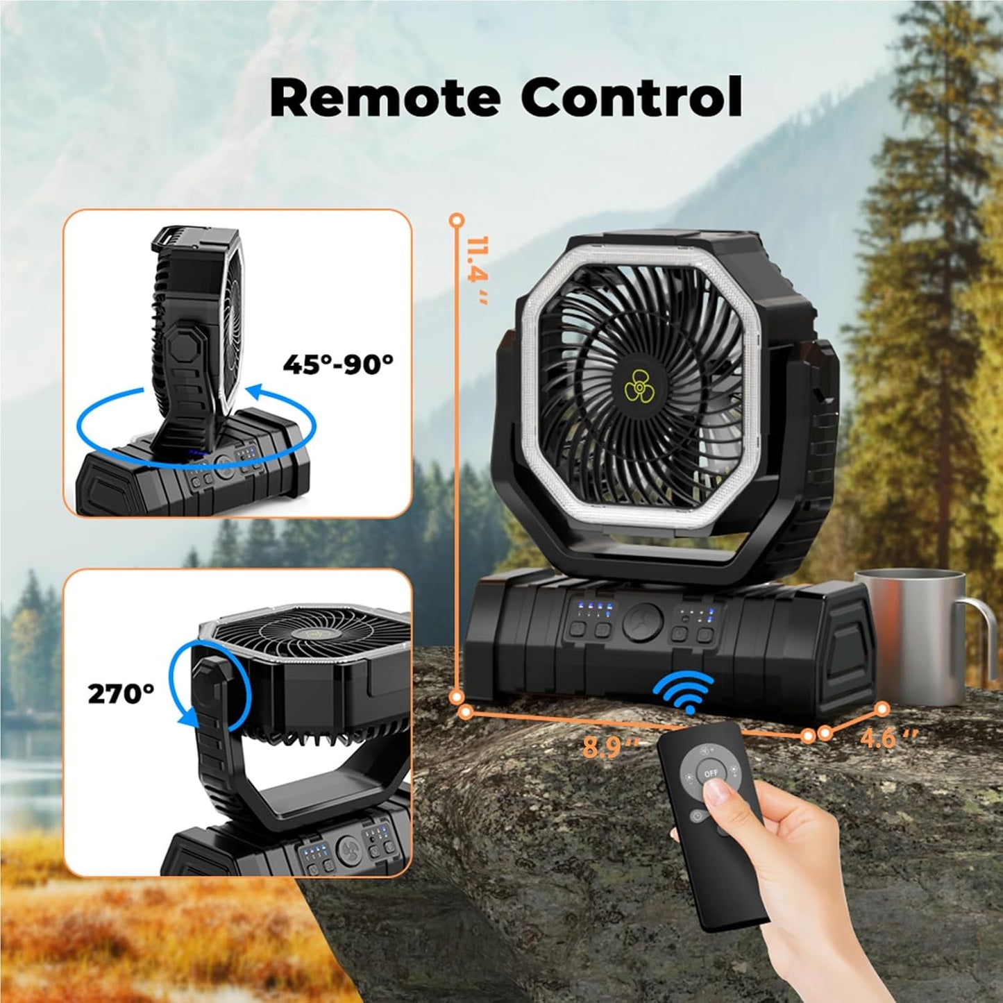 Camping Fan - 20000mAh Battery Powered Fan Rechargeable with LED Lantern - Portable Outdoor Tent Fans with Hanging Hook 4 Speeds Wind Remote Control, Black