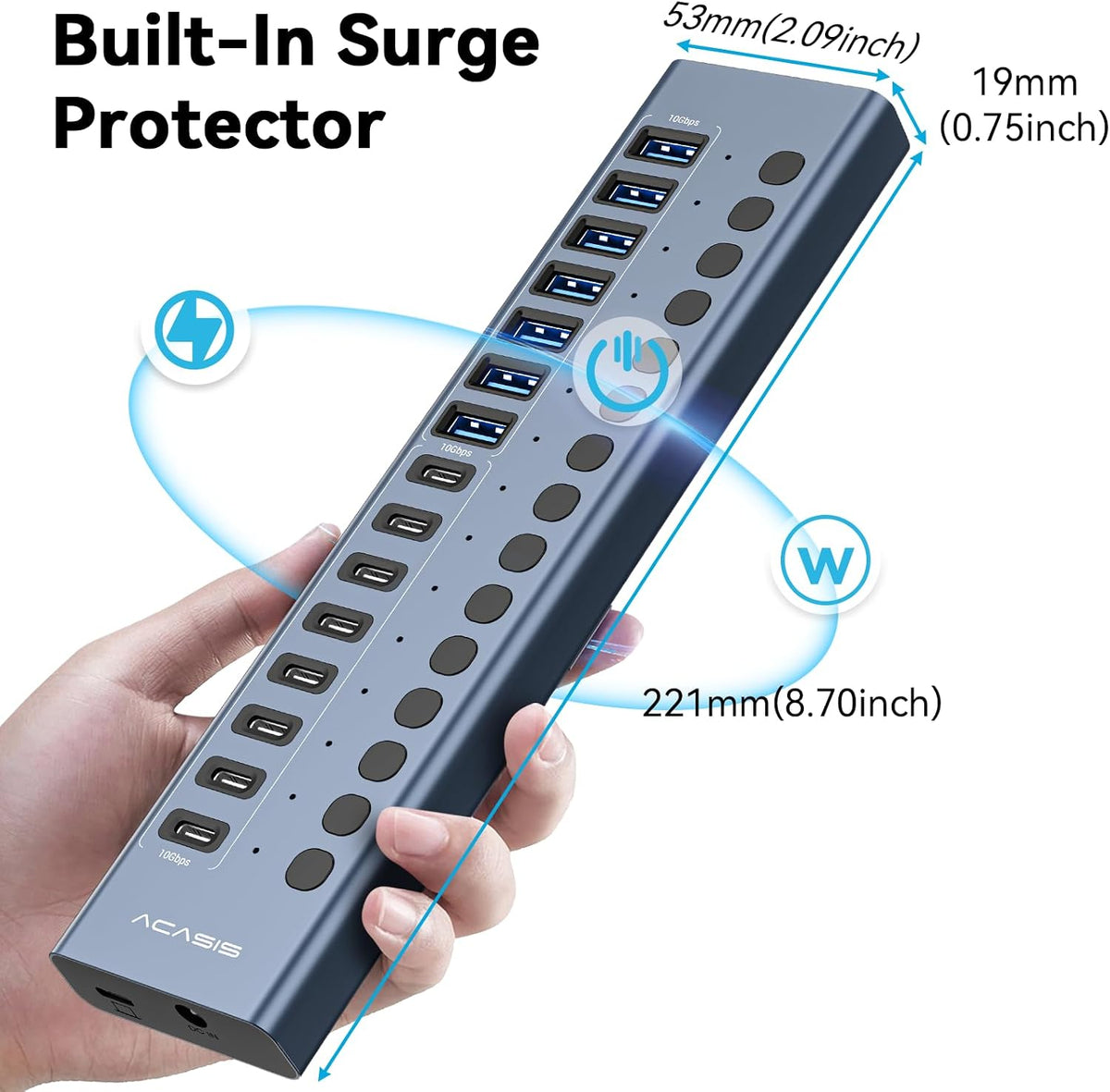 ACASIS 16 Ports Powered USB 3.2 Hub (8 USB-A 3.2 +8 USB-C 3.2), 10Gbps | Individual On/Off Switch for Each Port • Aluminum Housing • Better Heat Dissipation • Plug & Play • 96W Power Adapter
