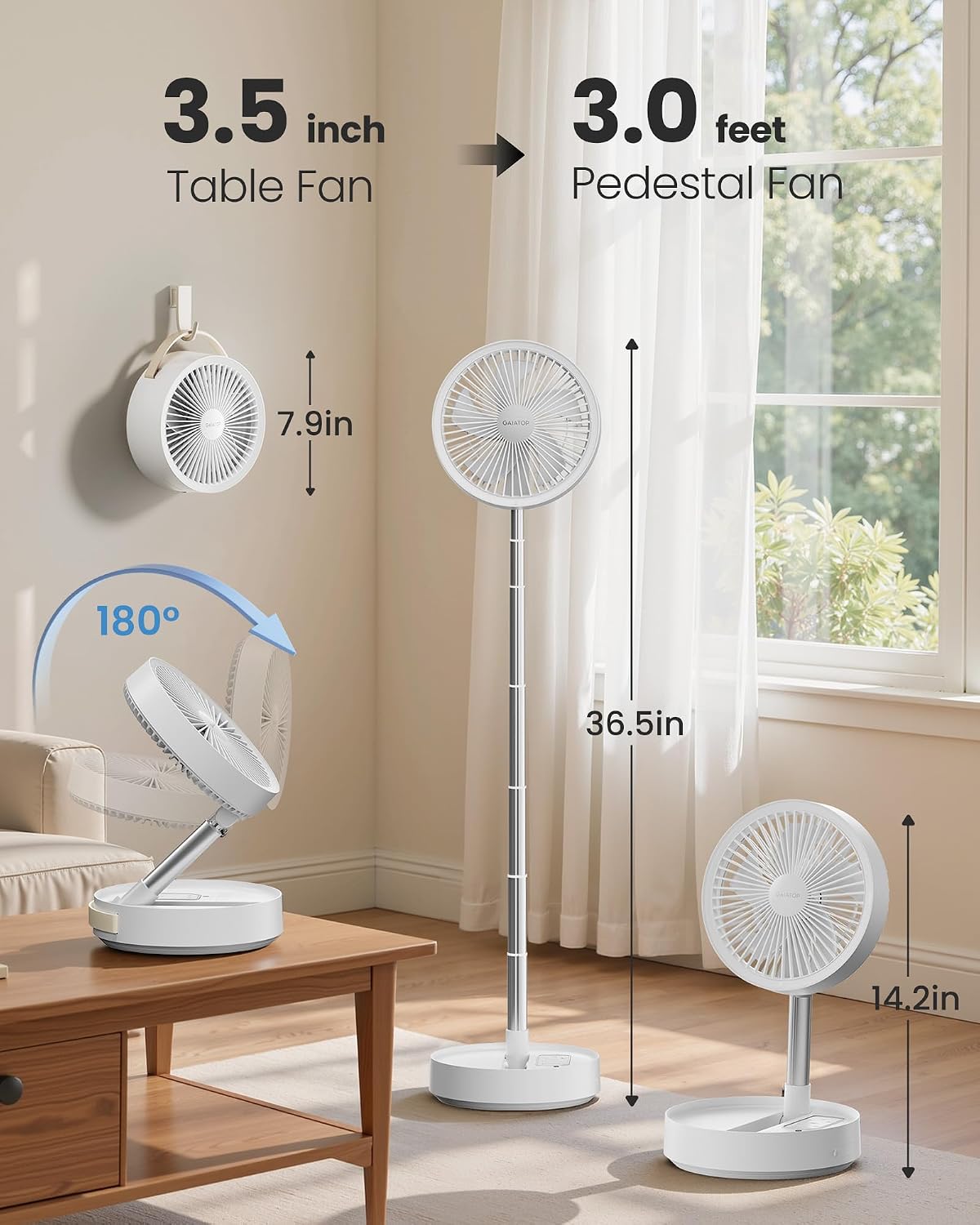 Gaiatop Portable Pedestal Fan 16000mAh Battery [Max 74h Runtime], Foldable Oscillating Standing Fan, Collapsible Desk Fans, LED Light, Case & Remote Control 4 Speeds for Outdoor Travel Camping (White)