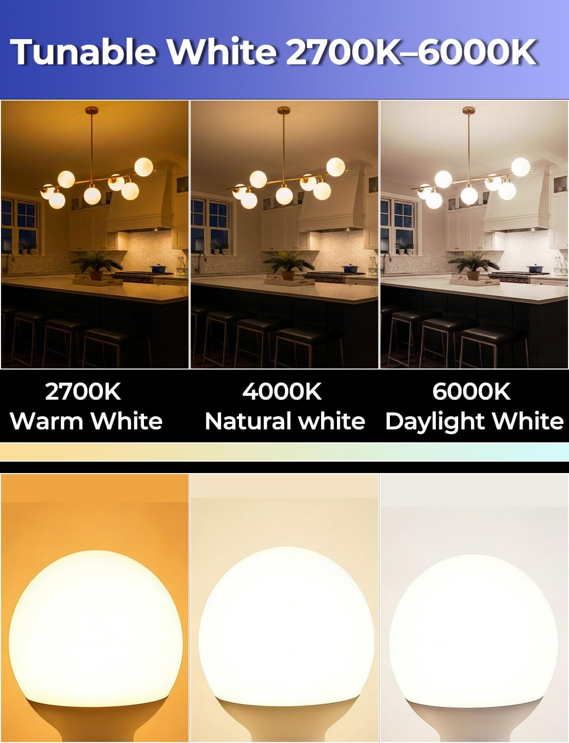 ILC G25 Globe Light Bulbs,BRMESH App-Controlled Bluetooth Mesh LED 6W Round Bulb, 60W Equivatlent, 600LM, CCT: 2700K-6000K, CRI>95+, E26 Base, 120V for Pendant fixtures, Vanity, Bathroom (6 Pack)
