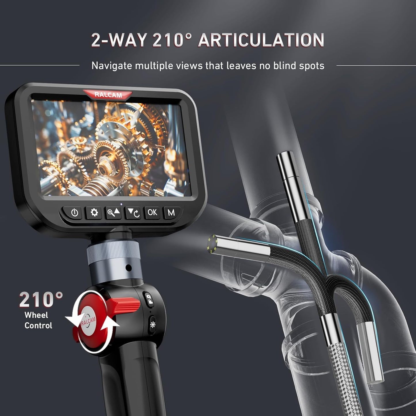 3.9mm Two-Way Articulating Borescope, 5 Inch HD Industrial Endoscope Inspection Camera with Light, Stainless Steel Flexible Fiber Optic Scope Camera 0.15in Automotive Mechanics Tool