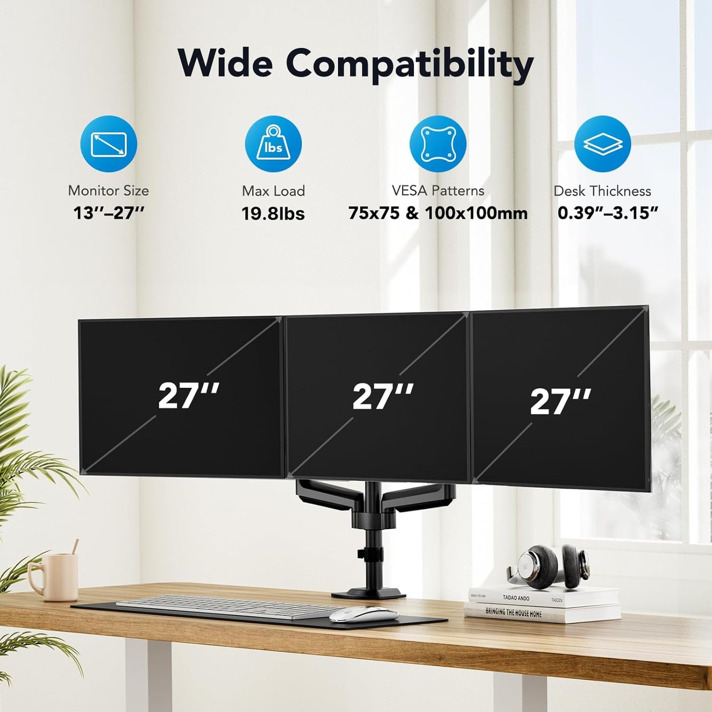 HUANUO Triple Monitor Mount for 13-27 inch Computer Screens, Gaming 3 Monitor Desk Mount with Arm Holds 19.8lbs, Triple Monitors Stand with Tilt, Swivel, Rotation, VESA 75x75, 100x100mm