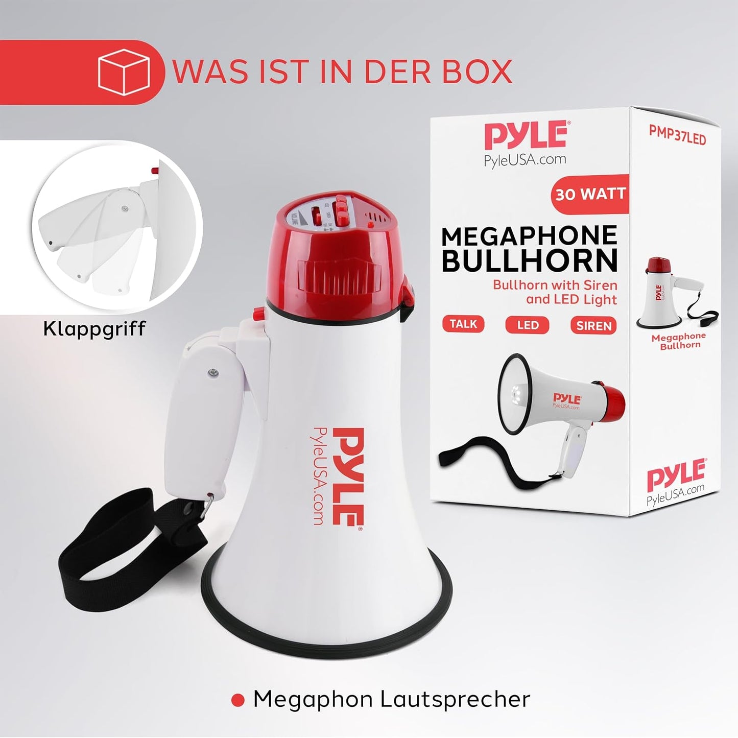 Pyle 30W Megaphone Bullhorn with Built-in Siren, LED Lights, Adjustable Volume Control, 800-Yard Range, Lightweight & Portable - Ideal for Football, Soccer, Baseball, Cheerleading & Safety Drills
