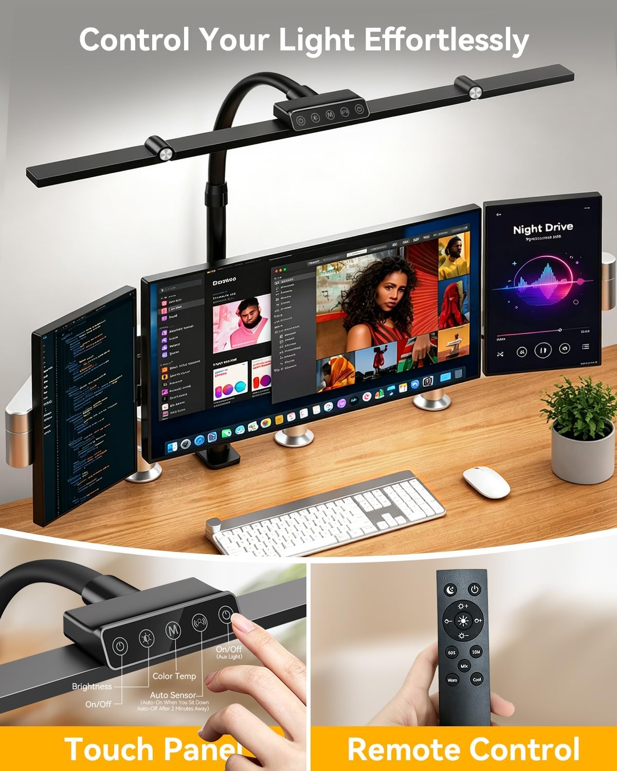 LED Desk Lamp with Clamp, 24W 3-Panel Light for Dual Monitors