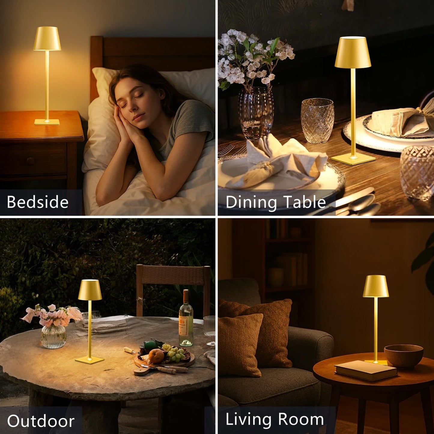 Yogaret Gold Rechargeable Cordless Table Lamp, Battery Operated, 2 Pack | 6000mAh battery lamps waterproof wireless portable design for outdoor patio, dining tables, kitchens, restaurants home bar