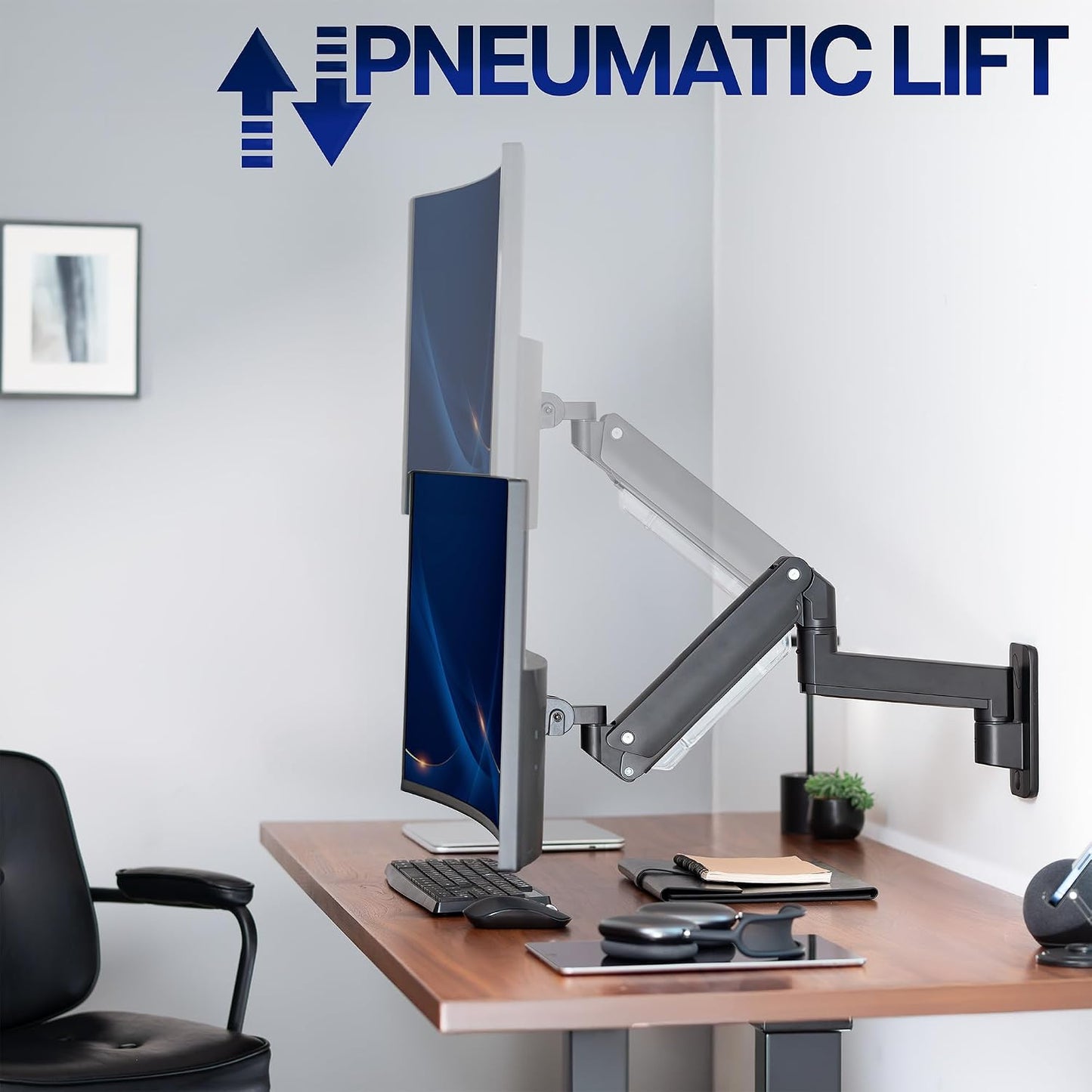 VIVO Premium Aluminum Heavy Duty Monitor Arm for Ultrawide Screens up to 49 inches and 44 lbs, Single Wall Mount, Pneumatic Height, Max VESA 100x100, Black, MOUNT-V101G1