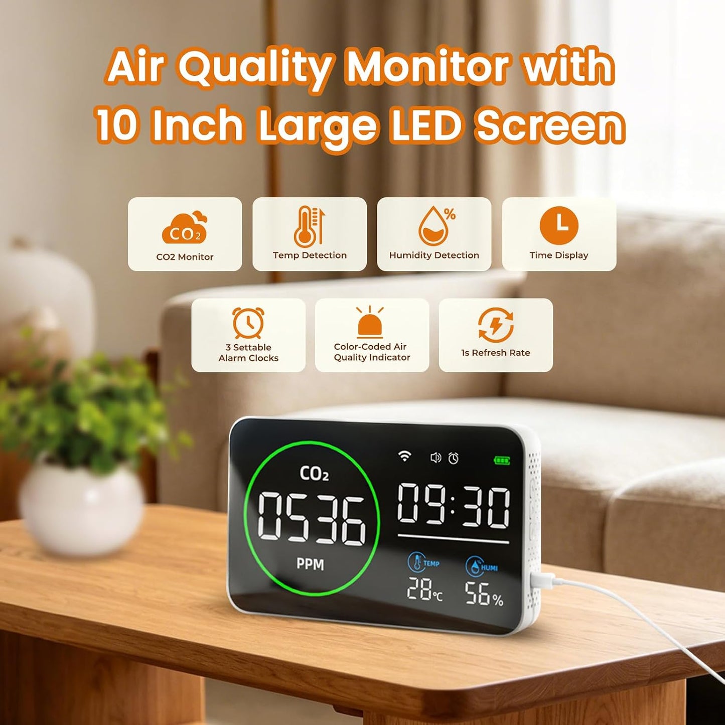 Smart Air Quality Monitor Indoor, WiFi Air Quality Tester with APP Remote Control for CO2 Temperature Humidity, Wall-Mounted Air Detector for Home Office