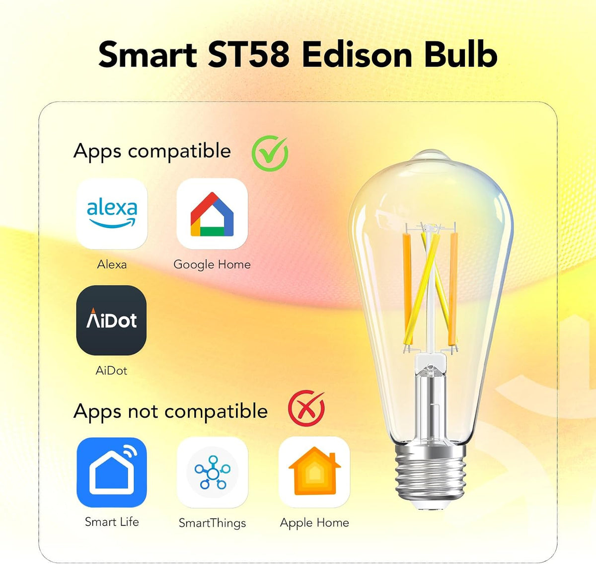 OREiN Smart Edison Light Bulbs, 2.4 Ghz Wi-Fi ST19(58) Vintage Light Bulbs E26, 800LM Dimmable via app, 2700-6500K Tunable, Smart LED Filament Bulb Works with Alexa/Google Home, 60W Equivalent 4Pack