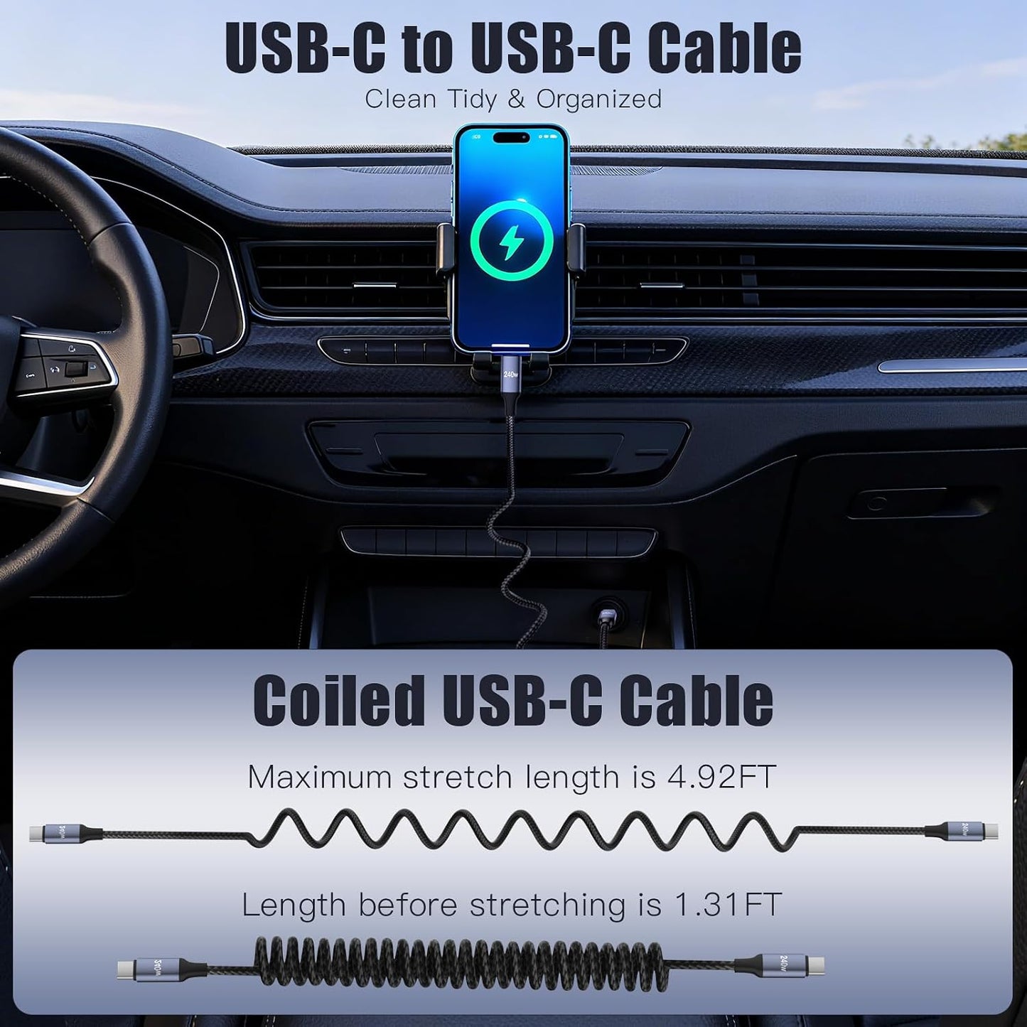 ROADRESS 240W USB C to USB C Cable Coiled, Braided Type C Charger for Car | 240W Fast Charging Cord Compatible with iPhone 17 16 15, iPad, Samsung Galaxy, Google Pixel, Moto, LG, TCL Phones