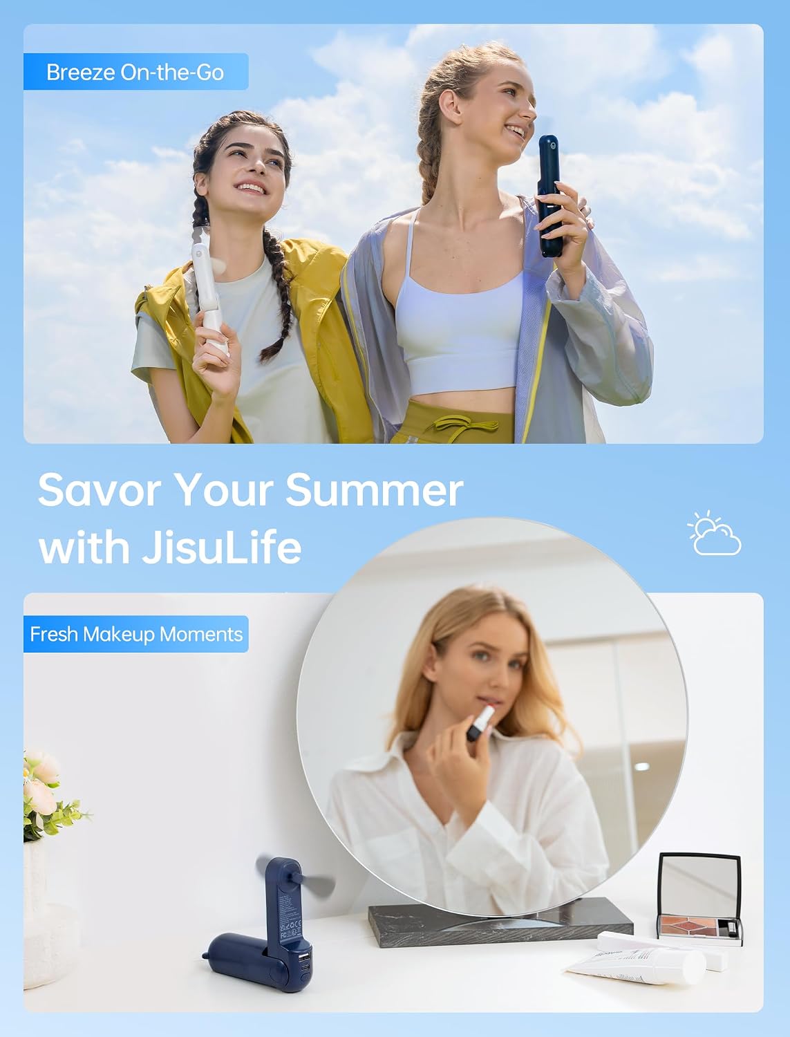 JISULIFE 3 IN 1 Portable Fan with Power Bank & Flashlight Featured | 19H Max Cooling, USB Rechargeable, Pocket-Sized Handheld Fan for Travel, Cruise, Concerts, Makeup, Summer Gifts for Women