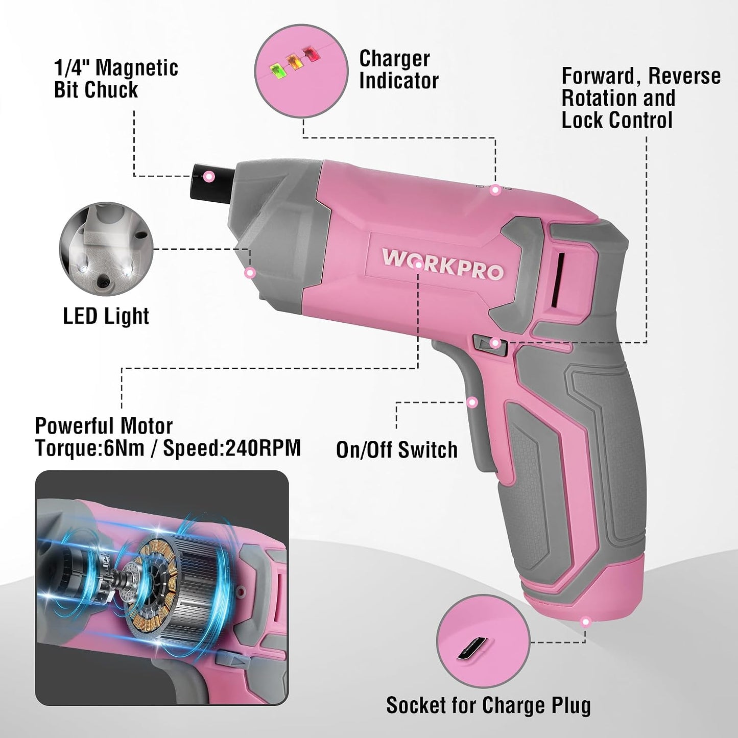 WORKPRO Pink Cordless Screwdriver Set, Rechargeable Eccentric Screwdriver | 3.6V Screwdriver Kit Set with 24Pcs Bits, Delay-off LED Light, 2000mAh High-Capacity Battery, Carrying Case Included
