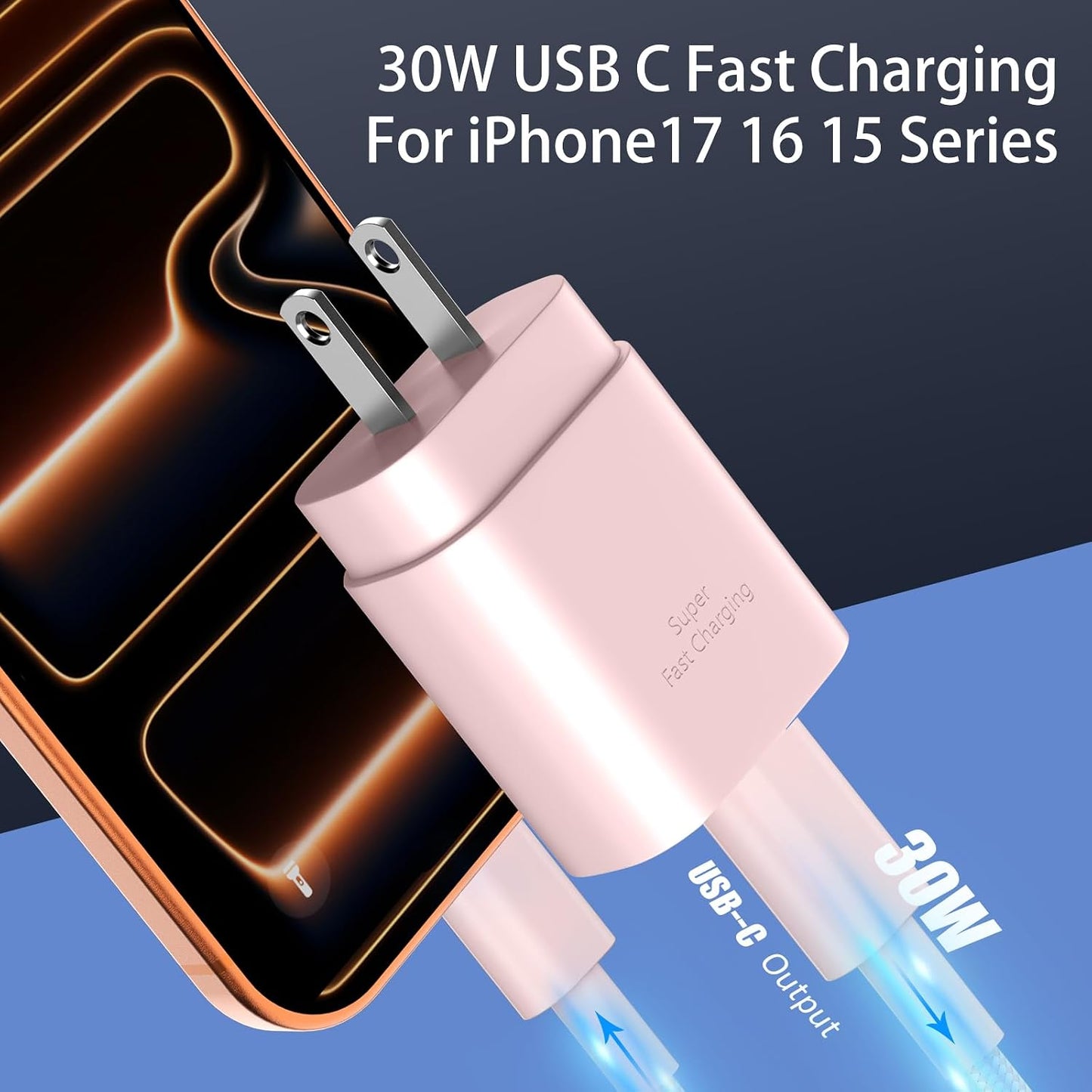 Phone 16 15 Charger Fast Charging,30W Type C Chargers USB C Charge Block with 2 Pack 10FT USB C Cable Nylon Braided for Phones 16/16 Plus/16 Pro/16 Pro Max/Phone 15/15 Pro Max/Pad Pro/AirPods,Pink
