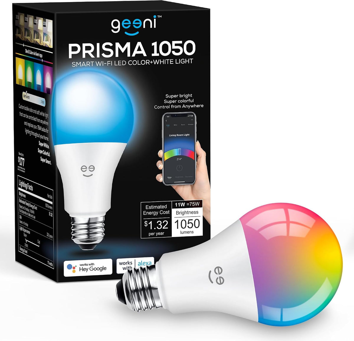 Geeni Prisma 1050 Wi-Fi LED Light Bulb, Multicolor (2700K), Dimmable A21