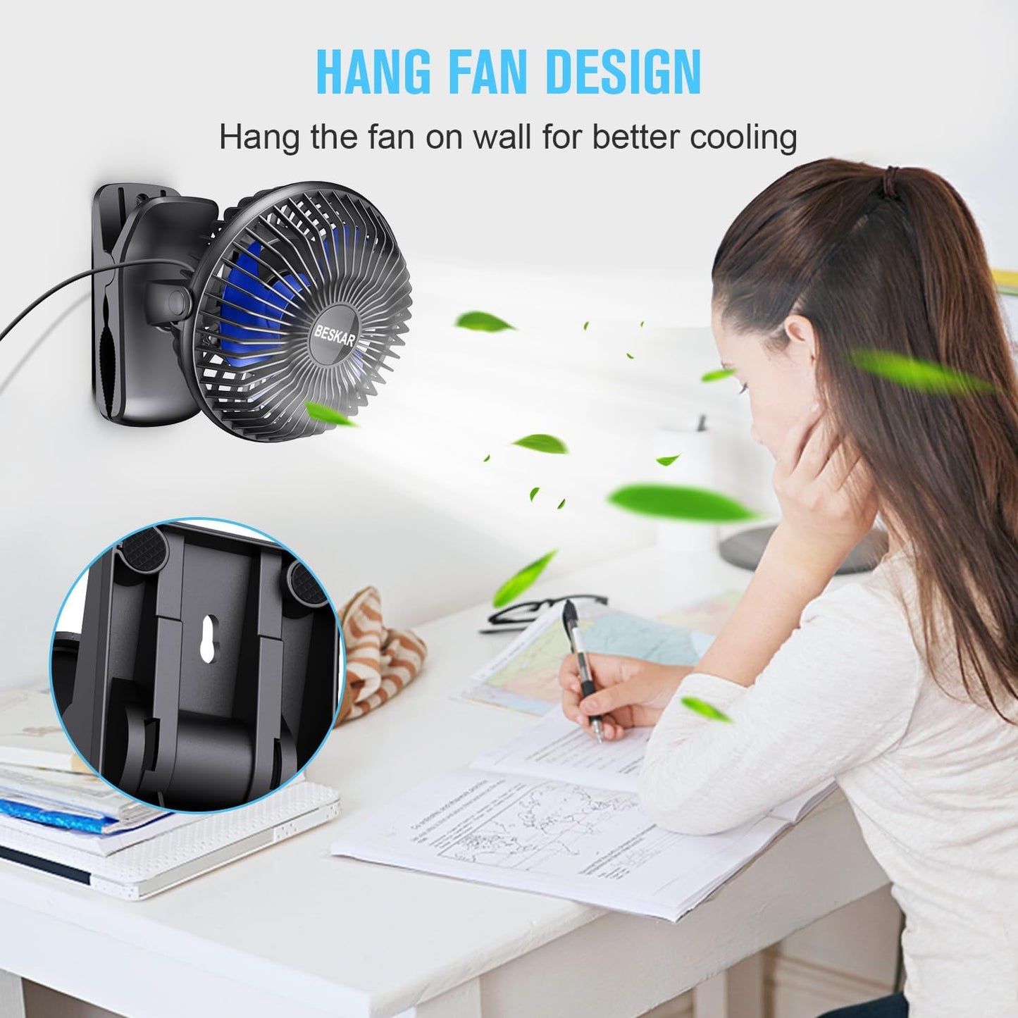 BESKAR USB Clip on Fan, Portable Small Desk Fan with Cord Powered | 3 Speeds Strong Airflow, Sturdy Clamp, Ultra Quiet Personal Cooling Fan for Office Dorm Bedroom Stroller