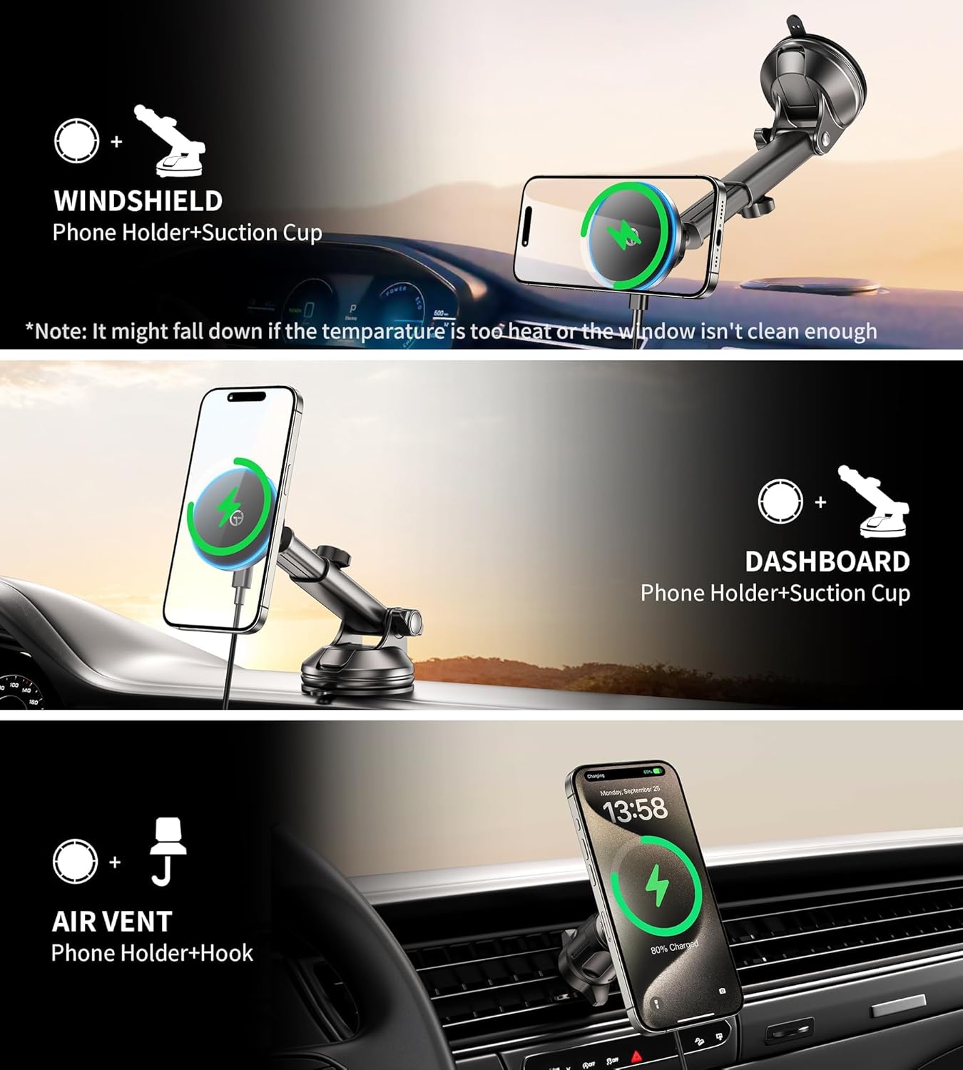 for MagSafe Car Mount Charger Dash/Windshield/Vent Wireless Car Charger with [LED Light], Strong Magnetic Phone Holder for Car for iPhone 17 16 15 14 13 12 Series, Fit MagSafe Accessories