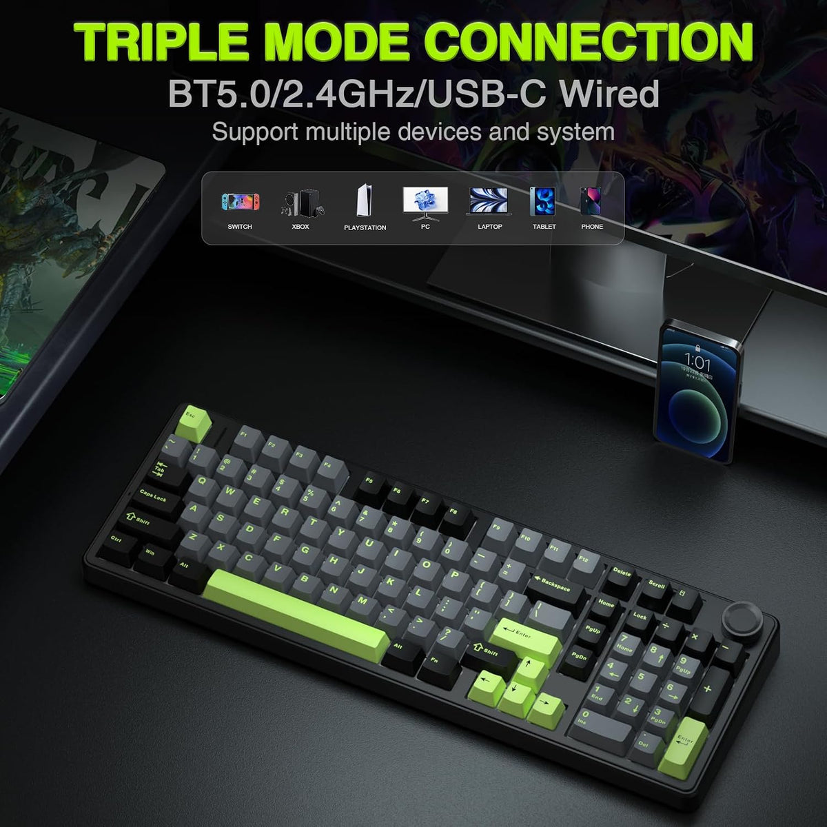 AULA F99 Pro Wireless Mechanical Keyboard with Knob,Creamy Sound,Tri-Mode BT5.0/USB-C/2.4GHz Hot Swappable Keyboard,Gasket Structure,RGB Backlit Computer Gaming Keyboards