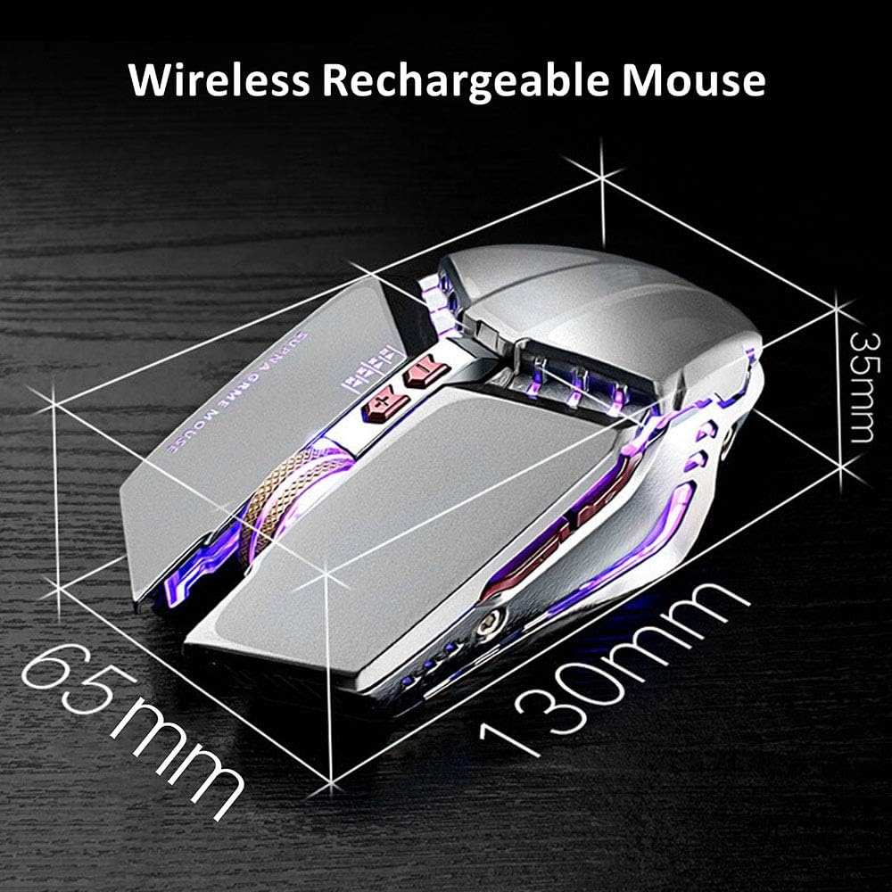 TENMOS T12 Wireless Gaming Mouse, Silent Rechargeable Computer Mice-Silver | 2.4GHz Optical, 7 Color LED Lights, Quiet Click,Side Buttons,3 Adjustable DPI,Ergonomic Design, Nano Receiver,USB C Charging