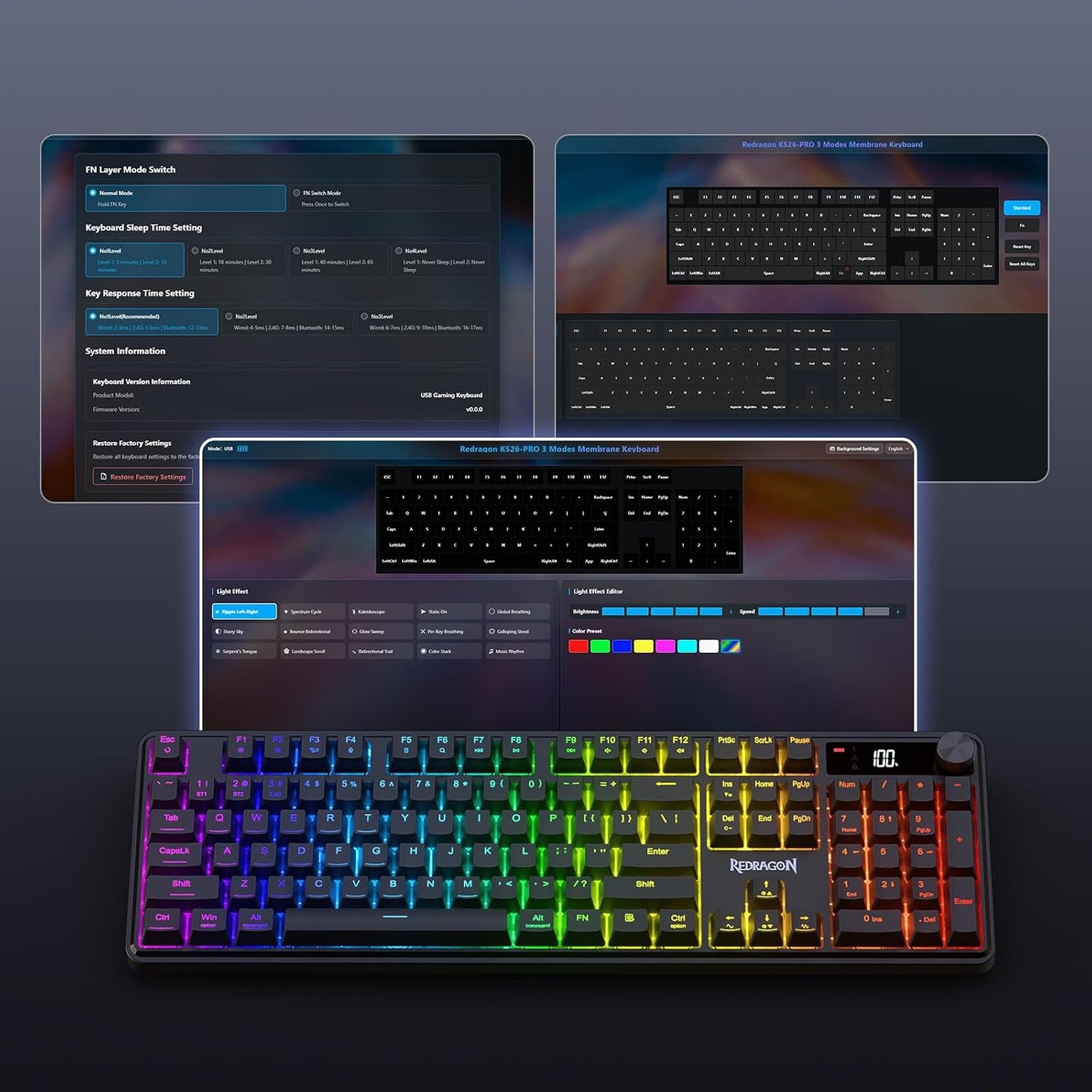 Redragon K526 PRO Wireless RGB Membrane Gaming Keyboard, LED Screen & Knob | See Battery, Mode & Time at a Glance, 0-Delay Tri-Mode, One-Touch Backlit & Media Adjust, 26-Key Anti-Ghost for Combo-Strike