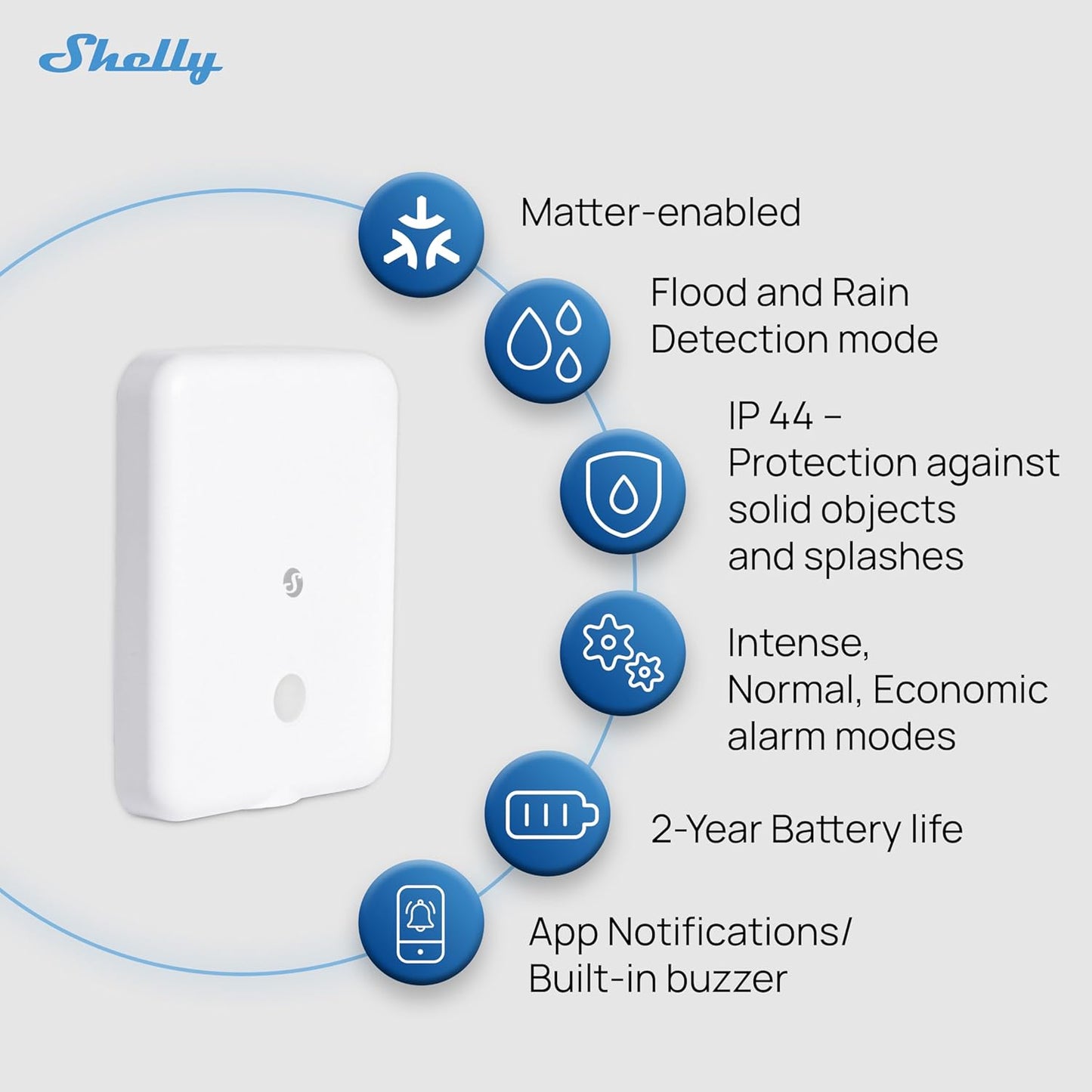 Shelly Flood Gen4, WiFi, Bluetooth, Zigbee, Matter Smart Flood Sensor with Leak Sensor Cable, Alexa, SmartThings, Google Home, Apple HomeKit Compatible, Flood and Rain Detection, Easy to Use, IP44