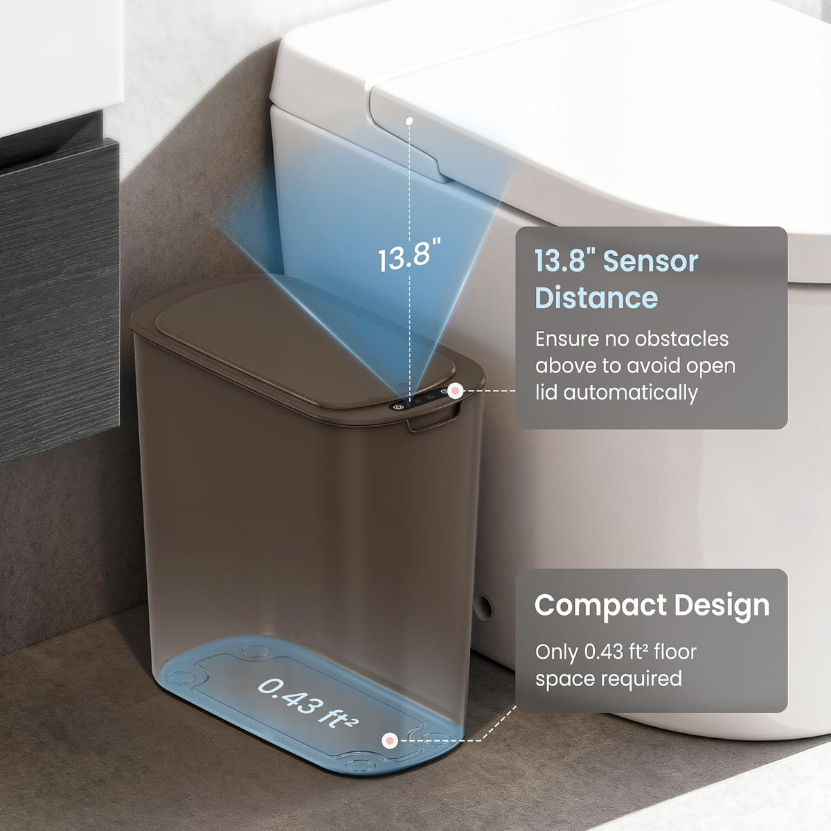 Cesun Automatic Motion Sensor Bathroom Trash Can with Lid, 2.6 Gallon Touchless Trash Bin, Smart Plastic Slim Garbage Can Small Brown Wastebasket for Toilet, Office, rv, Bedroom, Living Room