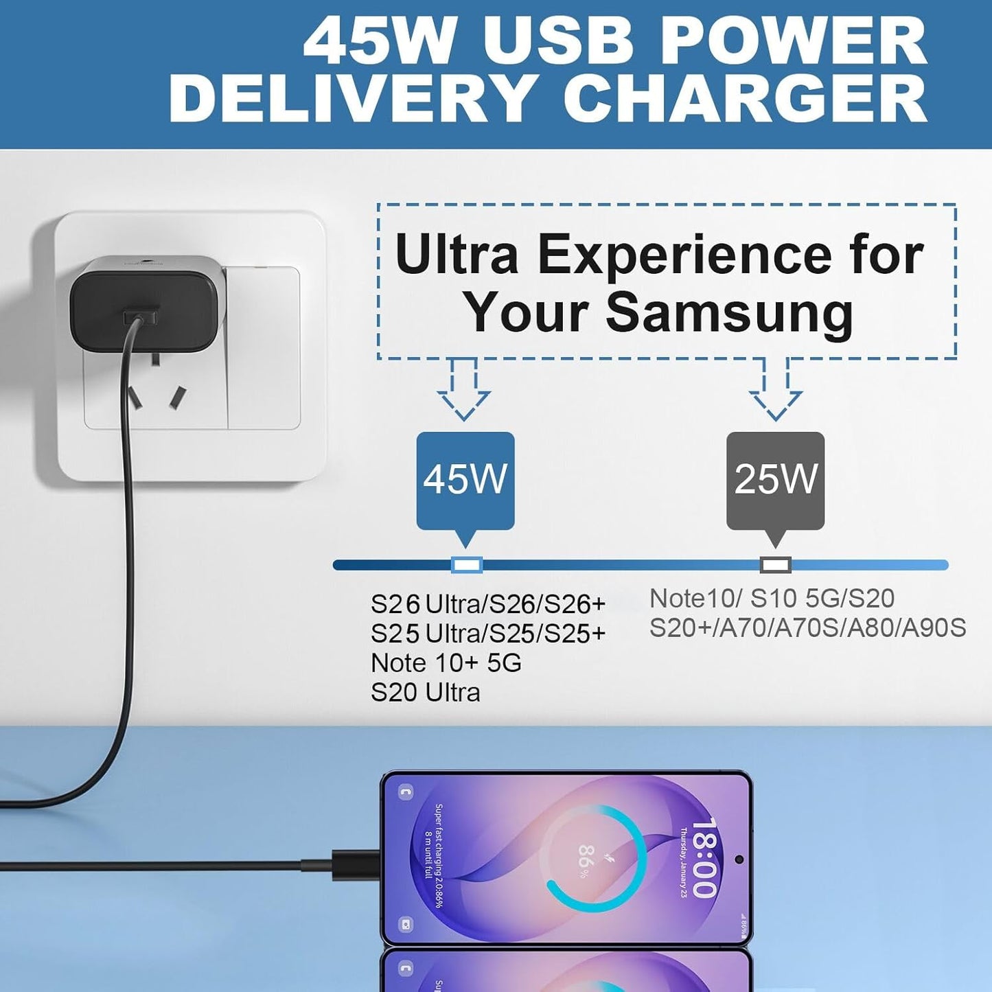 45W USB C Super Fast Charger, Type C Charger Fast Charging Android Phone Charger with 6.6ft Cable Cord for Samsung Galaxy S26 Ultra/S26/S26+/S25 Ultra/S25/S24/S23 Ultra/S22 Ultra/S20 Ultra/Note 10
