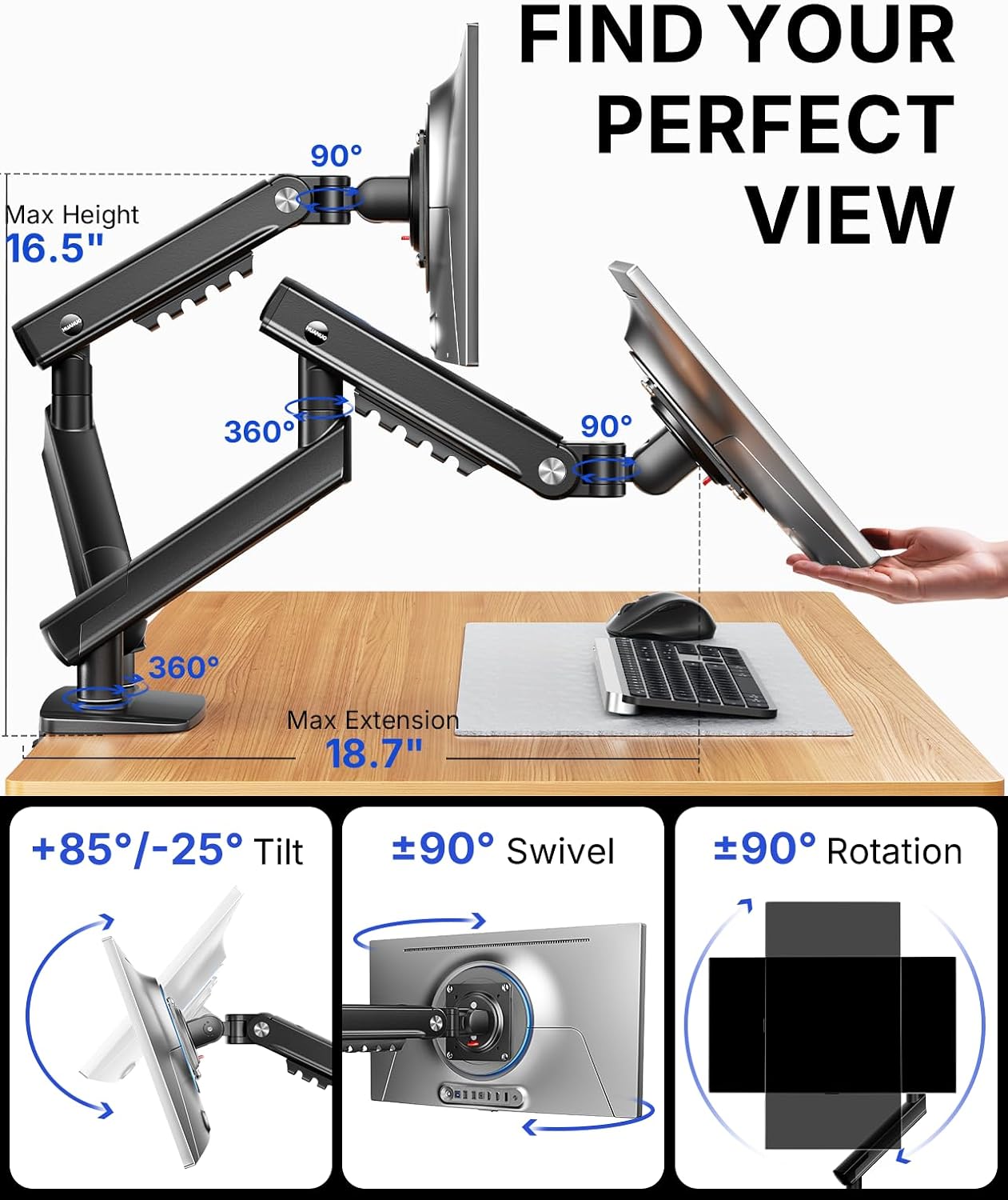 HUANUO FlowLift Pro Dual Monitor Mount for 13–32" Screens, MechaSpring Monitor Stand, Adjustable Monitor Arms for 2 Monitors with Tilt/Swivel/Rotation, Tool-Free VESA Mount, Max Load 19.8 lbs