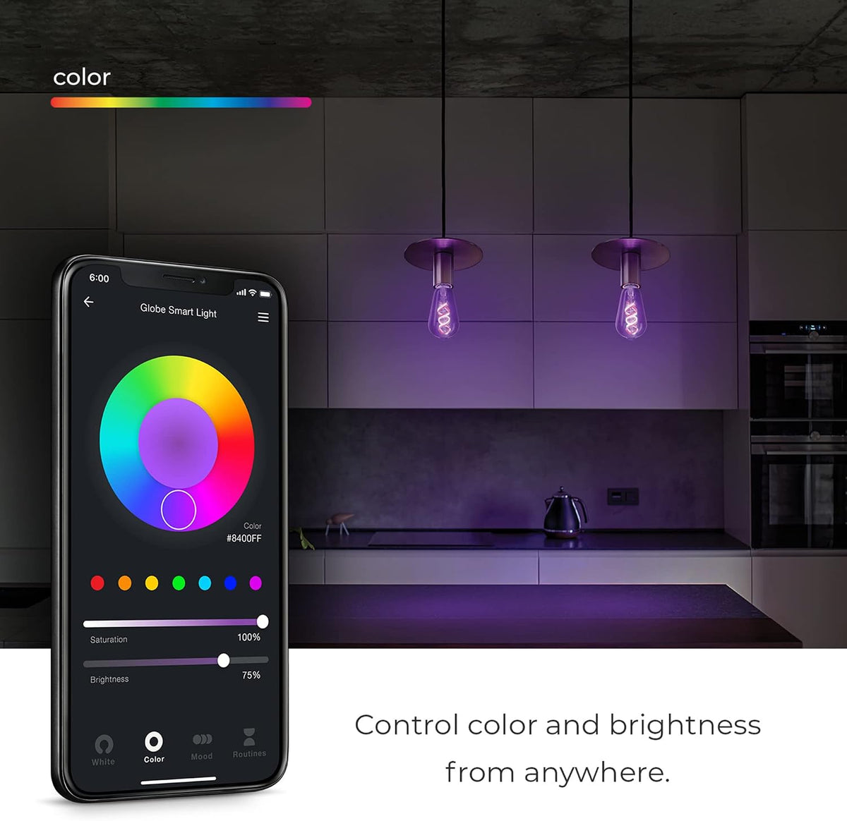 Globe Electric 35847 Wi-Fi Smart 7W (60W Equivalent) Spiral Filament Multicolor Changing RGB Tunable White Clear LED Light Bulb, No Hub Required, Voice Activated, 2000K - 5000K, ST19 Shape, E26 Base