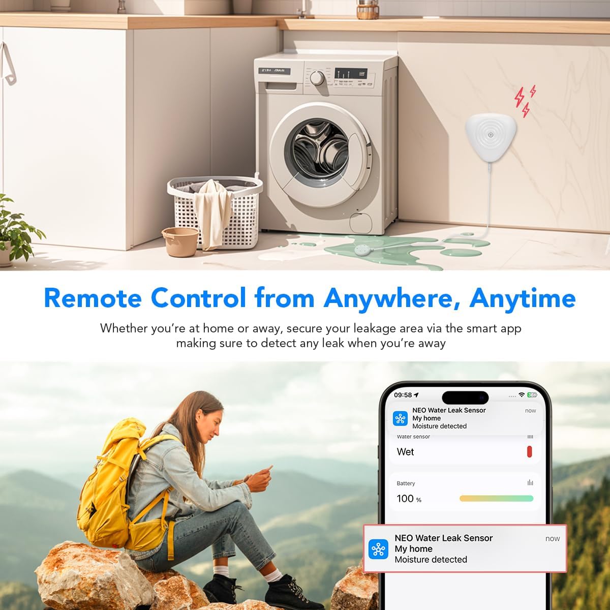 NEO Zigbee 3.0 Water Leak Detector, Smart Water Sensor Alarm for Home & Basement, Compatible with SmartThings and Home Assistant (ZHA & Z2M), 2 Pack