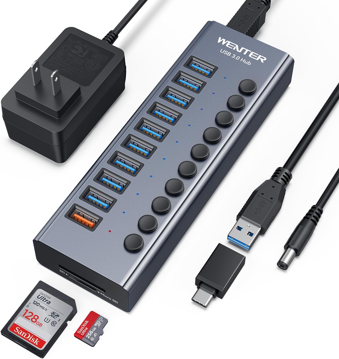 Powered USB Hub, Wenter 11-Port USB Splitter Hub (10 Faster Data Transfer Ports+ 1 Smart Charging Port) with Individual LED On/Off Switches, USB Hub 3.0 Powered with Power Adapter for Mac, PC
