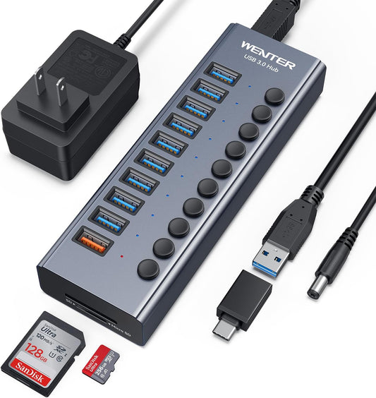 WENTER Powered USB Hub 3.0 with SD/TF Card Reader, Aluminum 10 Port Powered USB Hub (9 USB 3.0 Data Transfer Port & 1 USB Fast Charging Port Hub) USB 3.0 Hub for PC, Laptop