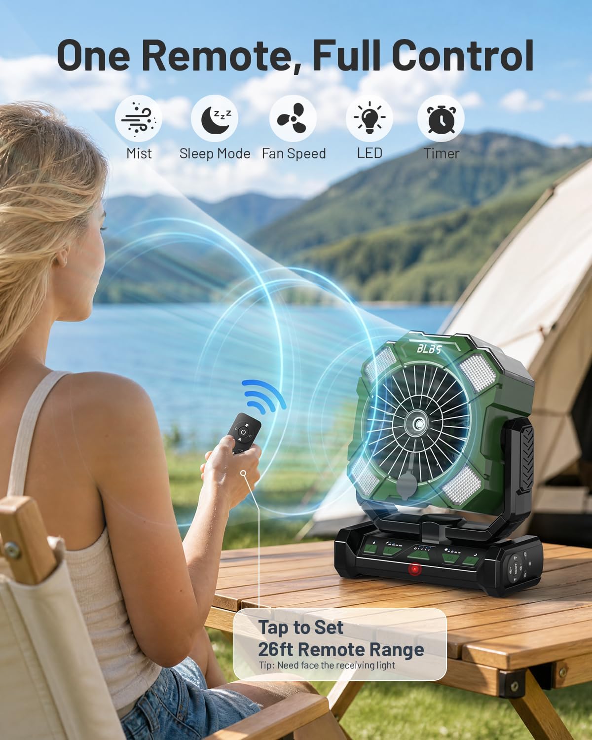 BLBS Misting Fan, Portable Camping Fan with 11oz Water Tank, 160Min Misting, 24000mAh Battery Powered Fans with 4 Speeds, 4 Timers, Light & Hook, Must-Have for Camping, Fishing, Beach & Hiking