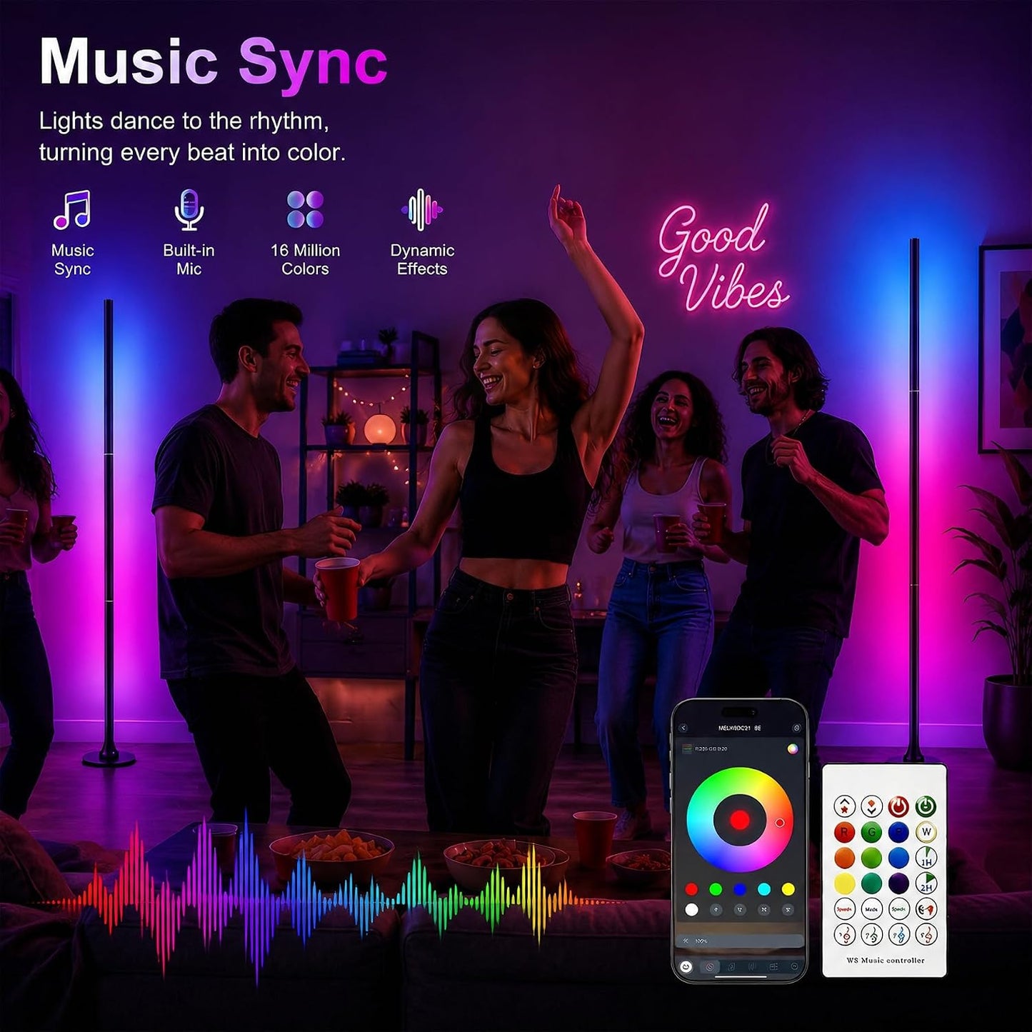 Corner Floor Lamp with Remote & App Control,RGB Color Changing LED Floor Lamp with Music Sync,16 Million Colors & 100+ Scene Modes,Dimmable Ambient Light for Living Room Gaming Room,USB Powered