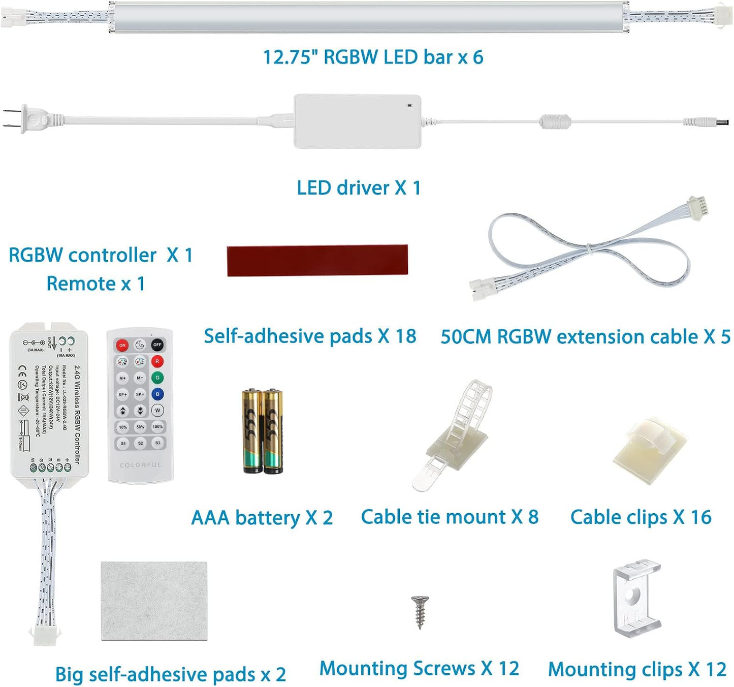 Under Cabinet LED Lighting Kit. RGB Color & Bright Warm White Light. | Slim Linkable LED Light Bars with Power Adapter, Controller, Extension Cords. Max 24W. Dimmable. Plug in. RGB + 3000K.